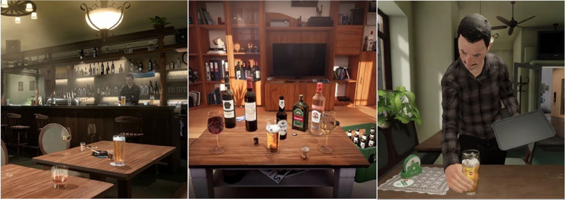 Eine dreiteilige Fotocollage zeigt verschiedene Szenen in einem Bar- und Wohnumfeld. Links: eine Bar mit einem Barkeeper hinter der Theke, umgeben von Flaschen und Gläsern. In der Mitte: ein Tisch in einem Wohnzimmer mit mehreren Flaschen Alkohol und Gläsern, im Hintergrund ein Regal mit Büchern und einem Fernseher. Rechts: Eine Person in einem karierten Hemd serviert ein Glas Bier auf einem Tablett in einem Raum mit Pflanzen und einem Deckenventilator.