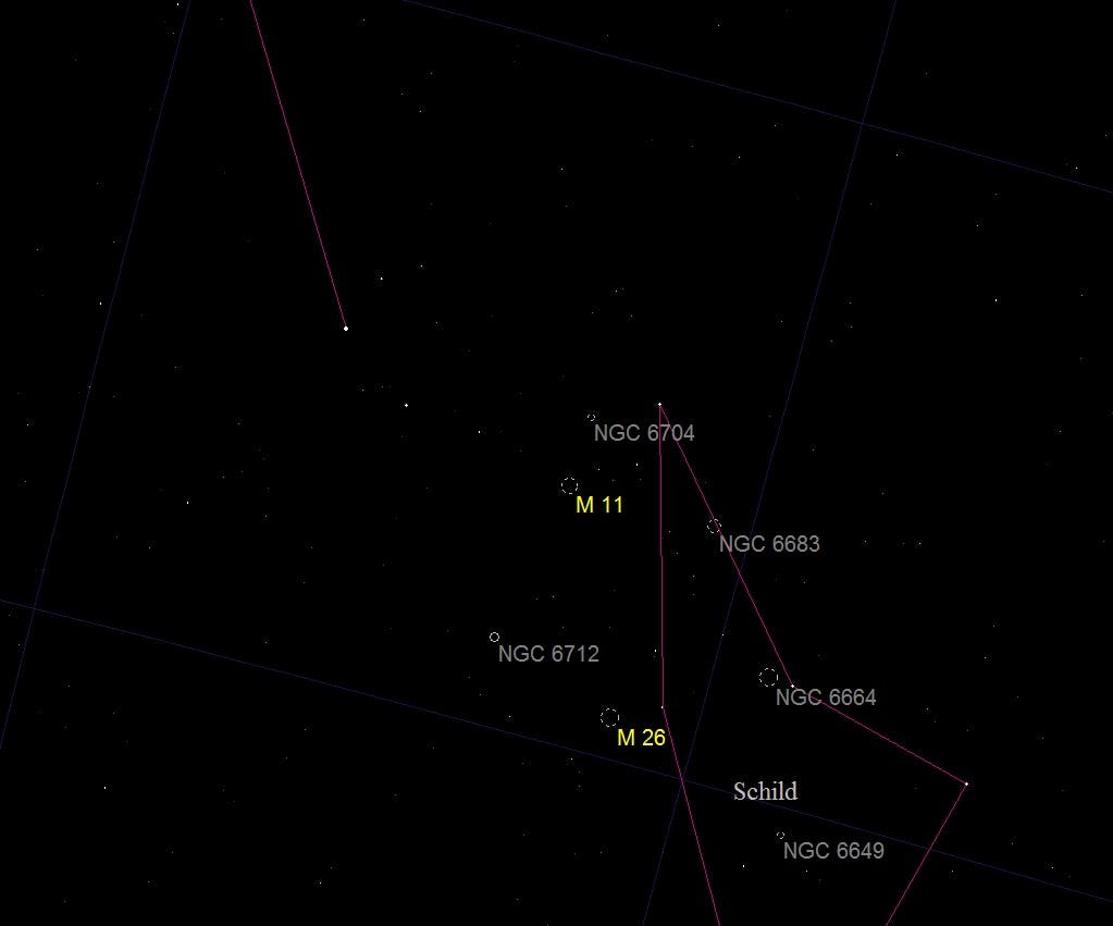 Aufsuchkarte für den Wildentenhaufen Messier 11 im Sternbild Schild