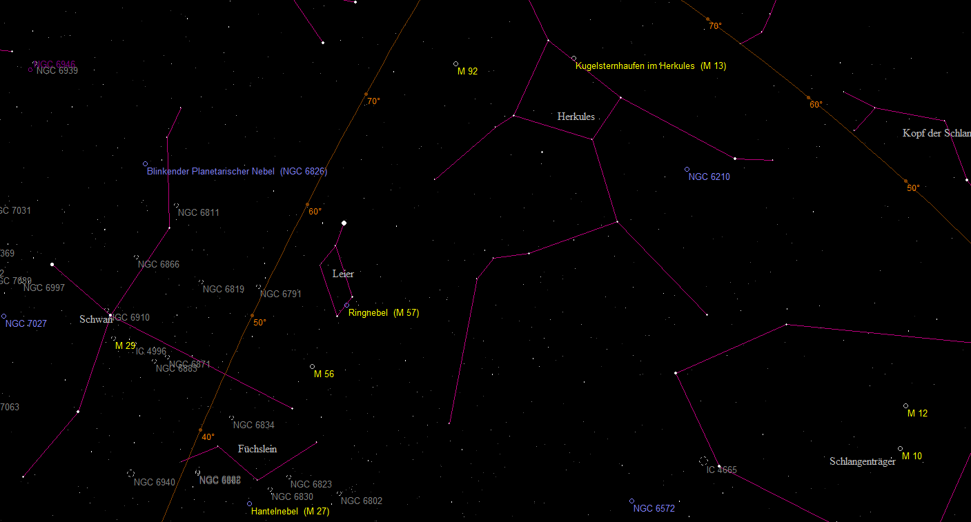 Aufsuchkarte der Objekte rund um das Sternbild Herkules