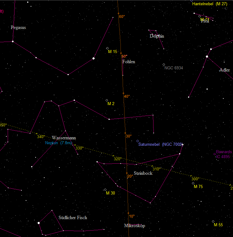 Übersichtskarte der Sternhaufen Messier 2, 15 und 30