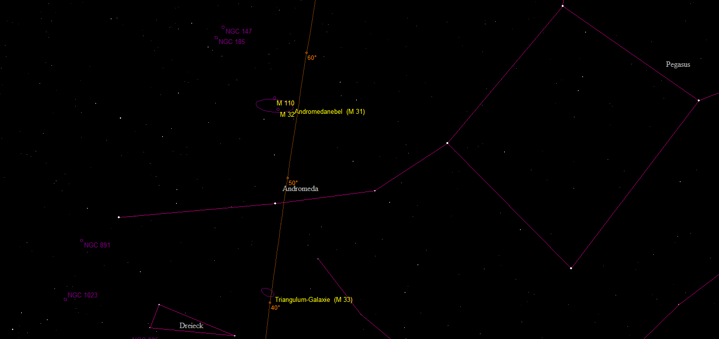 Übersichtskarte der Andromeda mit Messier 31, Messier 33 und NGC 891
