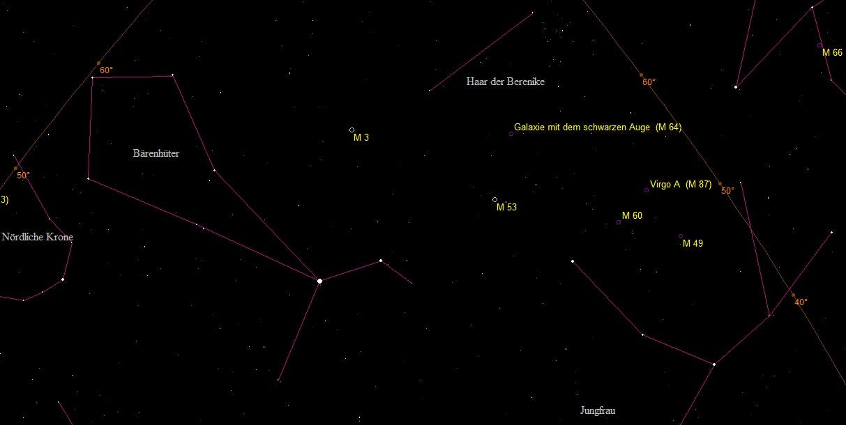 Die Kugelsternhaufen Messier 13 und 53 im Sternbild Bärenhüter (Aufsuchkarte)