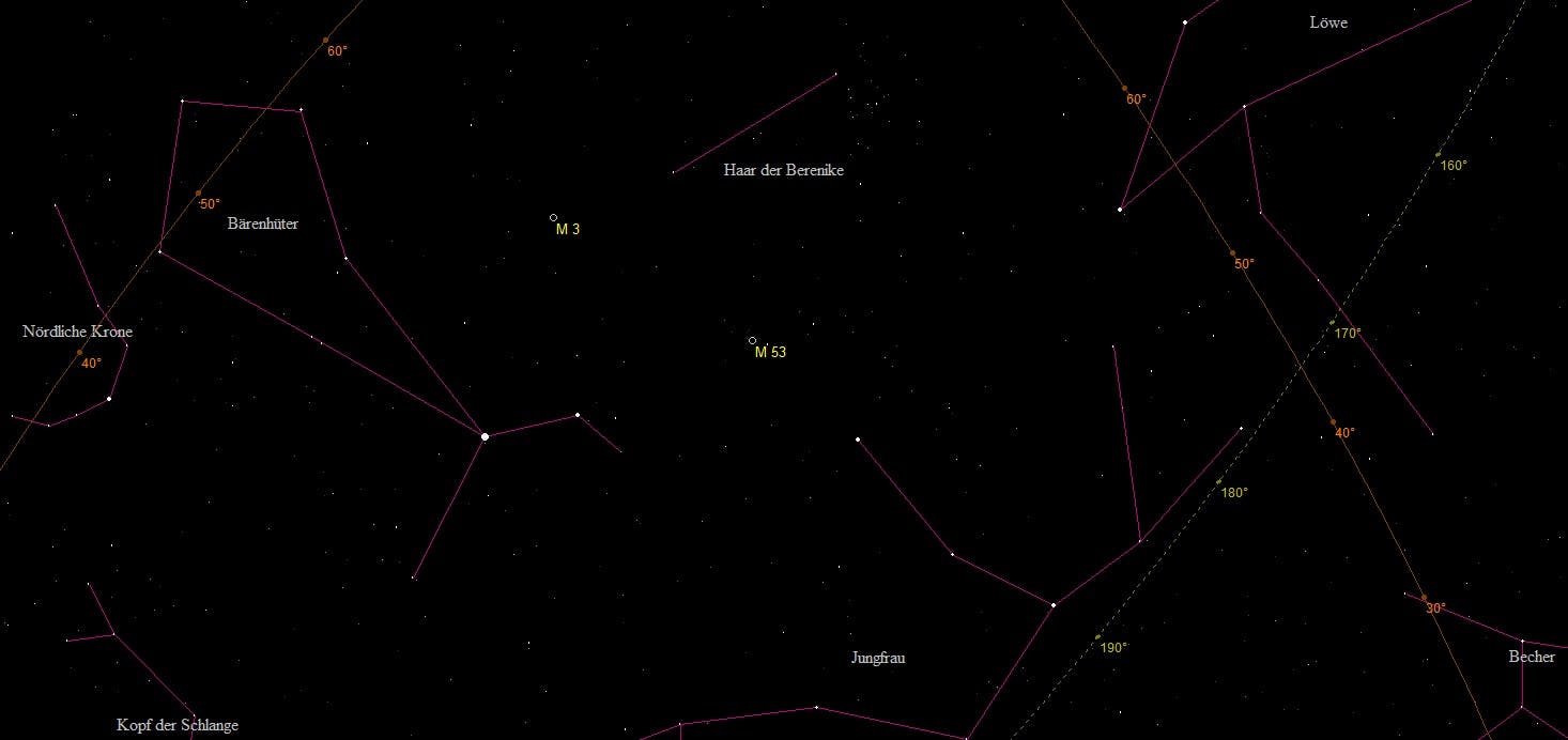 Aufsuchkarte für den Kugelsternhaufen Messier 3 In den Jagdhunden