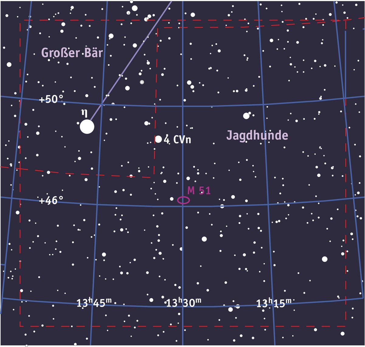 Aufsuchkarte für Messier 51 im Sternbild Jagdhunde