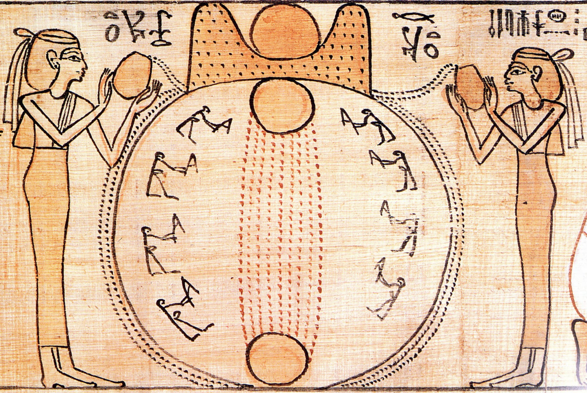 Eine altägyptische Darstellung auf Papyrus zeigt zwei stehende Frauenfiguren mit Wasserkrügen. Zwischen ihnen befindet sich ein großer Kreis mit kleineren Figuren und Hieroglyphen. Oben und unten im Kreis sind zwei rote Scheiben, verbunden durch rote Linien. Die Szene enthält ägyptische Hieroglyphen und symbolisiert die Schöpfung der Welt. Die Figuren tragen traditionelle ägyptische Kleidung und Kopfbedeckungen.
