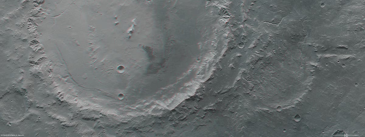 Anaglyphenbild der Krater Holden und Eberswalde
