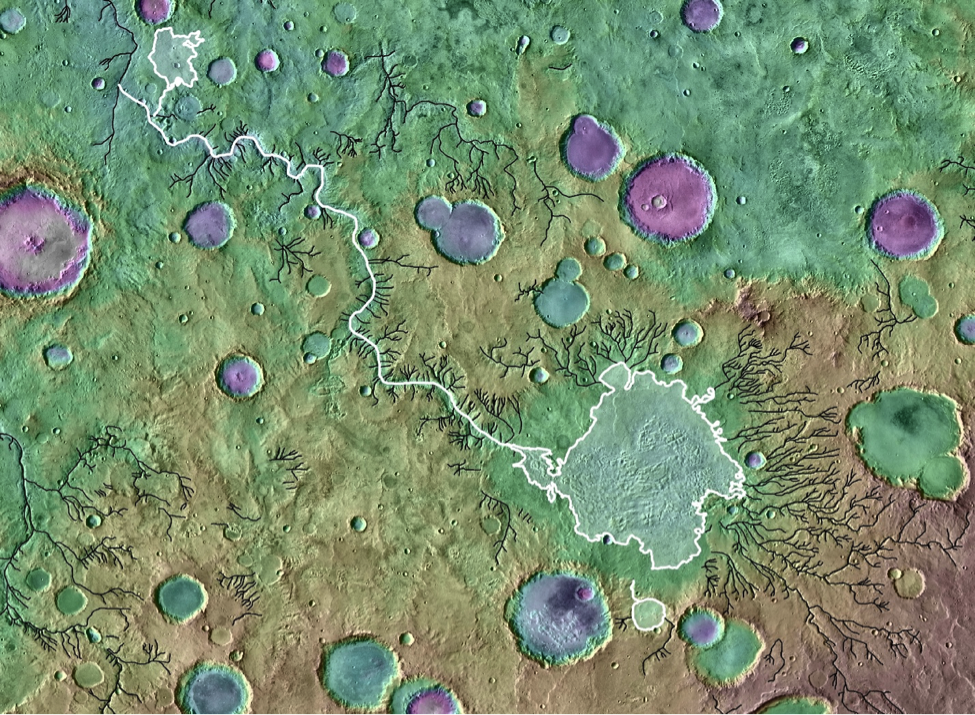 Eine topografische Aufnahme zeigt Flusstäler auf dem Planeten Mars. Massive Überschwemmungen aus überlaufenden Kraterseen haben die Marsoberfläche mitgestaltet.