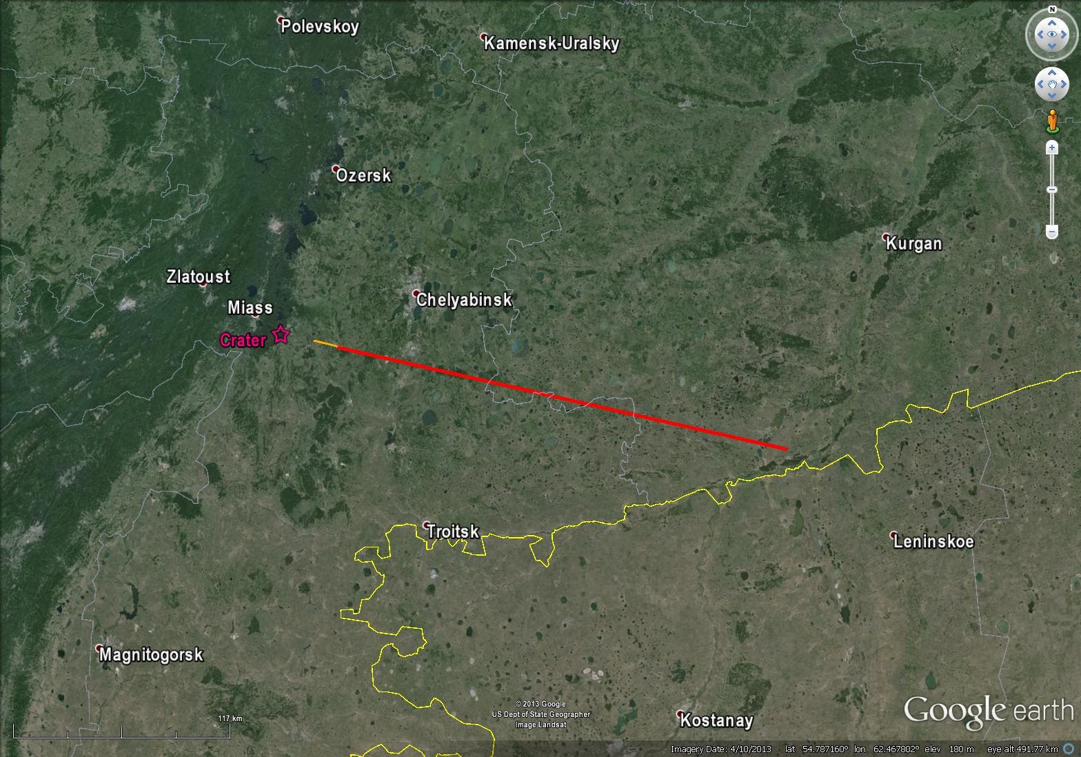 Die Flugbahn des Boliden von Tscheljabinsk (Karte)