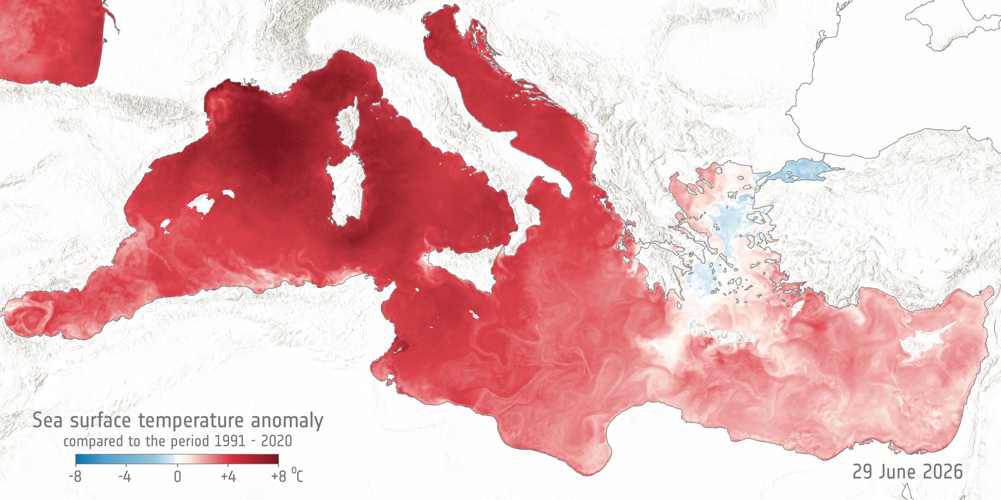 Karte der Meeresoberflächentemperaturanomalie im Mittelmeerraum am 29. Juni 2026. Die Karte zeigt Temperaturabweichungen im Vergleich zum Zeitraum 1991-2020. Rote Bereiche deuten auf höhere Temperaturen hin, während blaue Bereiche niedrigere Temperaturen anzeigen. Die Farbskala reicht von -8°C bis +8°C. Karte der Meeresoberflächentemperaturanomalie im Mittelmeerraum am 29. Juni 2026. Die Karte zeigt Temperaturabweichungen im Vergleich zum Zeitraum 1991-2020. Rote Bereiche deuten auf höhere Temperaturen hin, während blaue Bereiche niedrigere Temperaturen anzeigen. Die Farbskala reicht von -8°C bis +8°C.