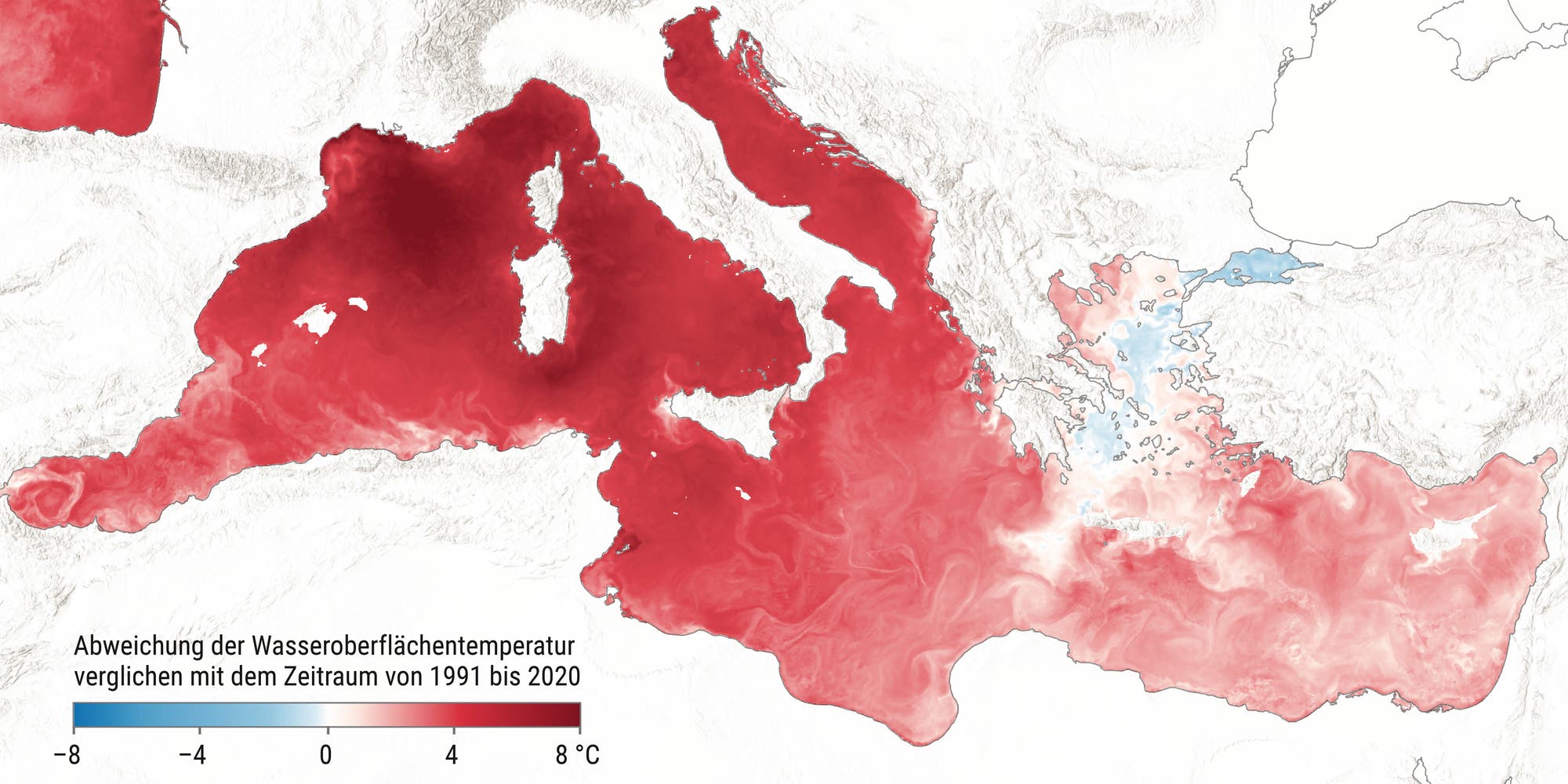 Karte der Meeresoberflächentemperaturanomalie im Mittelmeerraum am 29. Juni 2026. Die Karte zeigt Temperaturabweichungen im Vergleich zum Zeitraum 1991-2020. Rote Bereiche deuten auf höhere Temperaturen hin, während blaue Bereiche niedrigere Temperaturen anzeigen. Die Farbskala reicht von -8°C bis +8°C. Karte der Meeresoberflächentemperaturanomalie im Mittelmeerraum am 29. Juni 2026. Die Karte zeigt Temperaturabweichungen im Vergleich zum Zeitraum 1991-2020. Rote Bereiche deuten auf höhere Temperaturen hin, während blaue Bereiche niedrigere Temperaturen anzeigen. Die Farbskala reicht von -8°C bis +8°C.