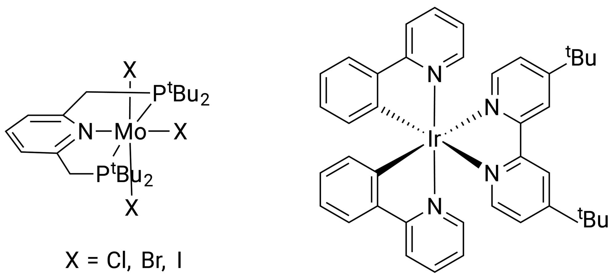 Strukturformeln von zwei Katalysatoren: links ein Molybdänkomplex mit Phosphin- und Halogenliganden, rechts ein Iridiumkomplex