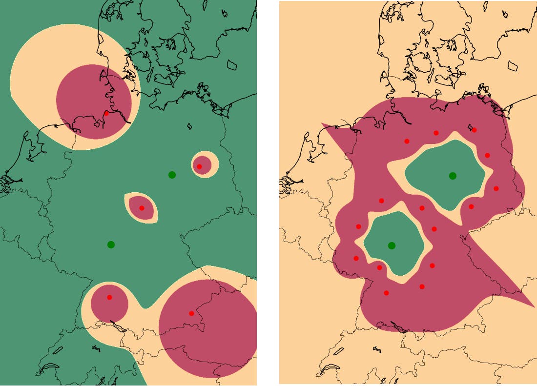 Zwei Karten nebeneinander zeigen geografische Daten in Mitteleuropa. Die linke Karte hat grüne, rote und beige konzentrische Kreise, die auf bestimmte Regionen in Deutschland hinweisen. Die rechte Karte zeigt größere, unregelmäßige farbige Bereiche in Beige, Rot und Grün, die sich über mehrere Länder erstrecken. Beide Karten enthalten schwarze Umrisse von Ländergrenzen. Die Farben scheinen unterschiedliche Datenkategorien oder Intensitäten darzustellen.