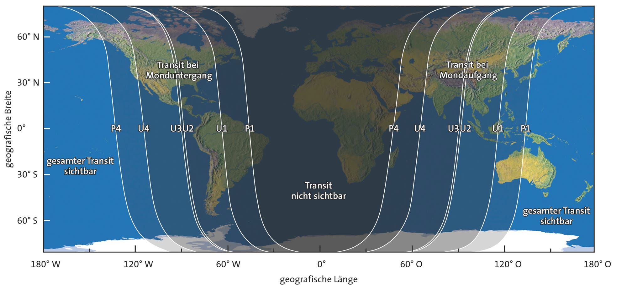 Die Sichtbarkeit der totalen Mondfinsternis vom 4. April 2015 (Übersichtskarte)