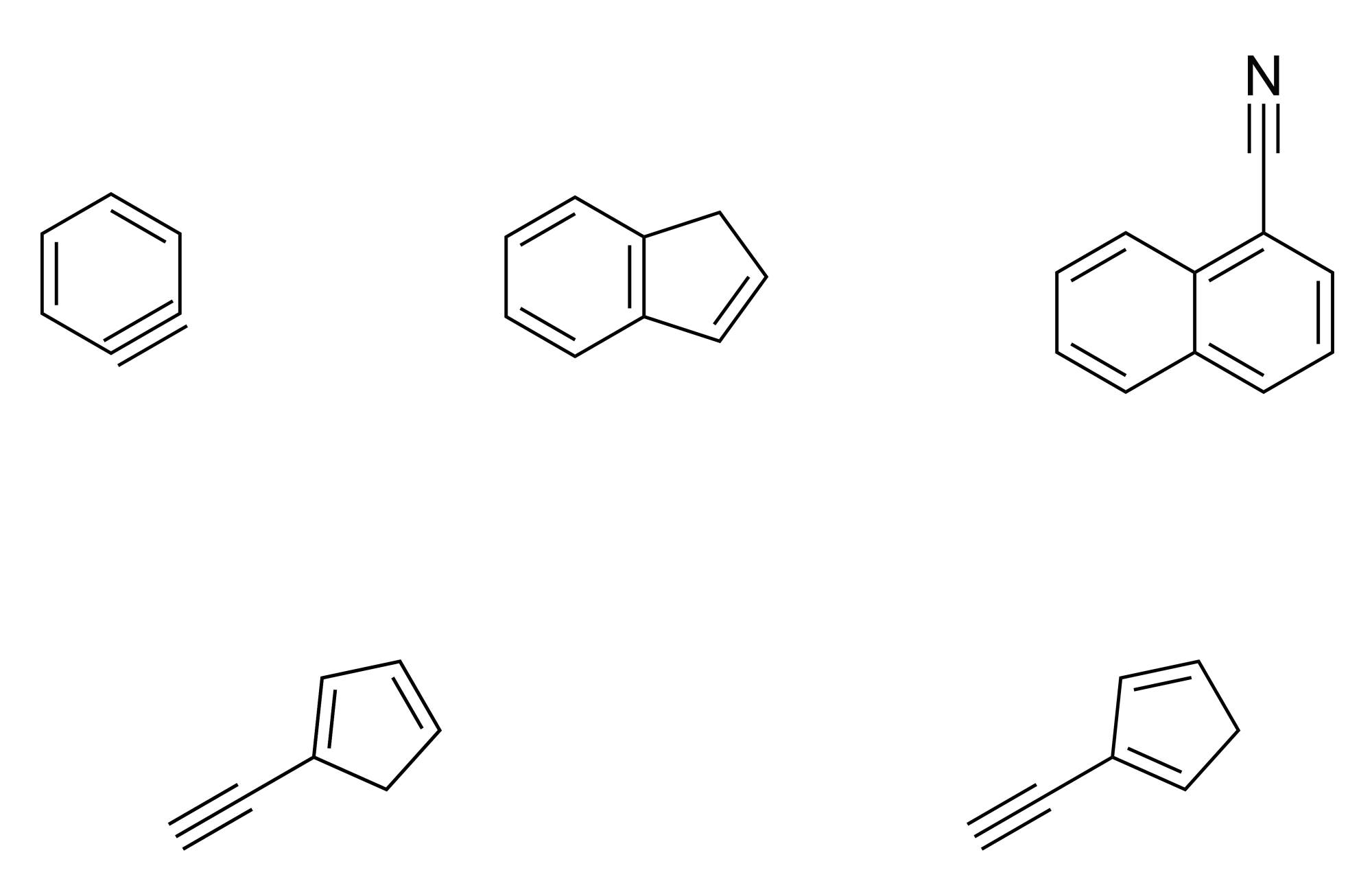 Molekülstrukturen von fünf Molekülen: ortho-Benzin, Inden, Cyanonaphthalin, 1-Ethinylcyclopentadien, 2-Ethinylcyclopentadien