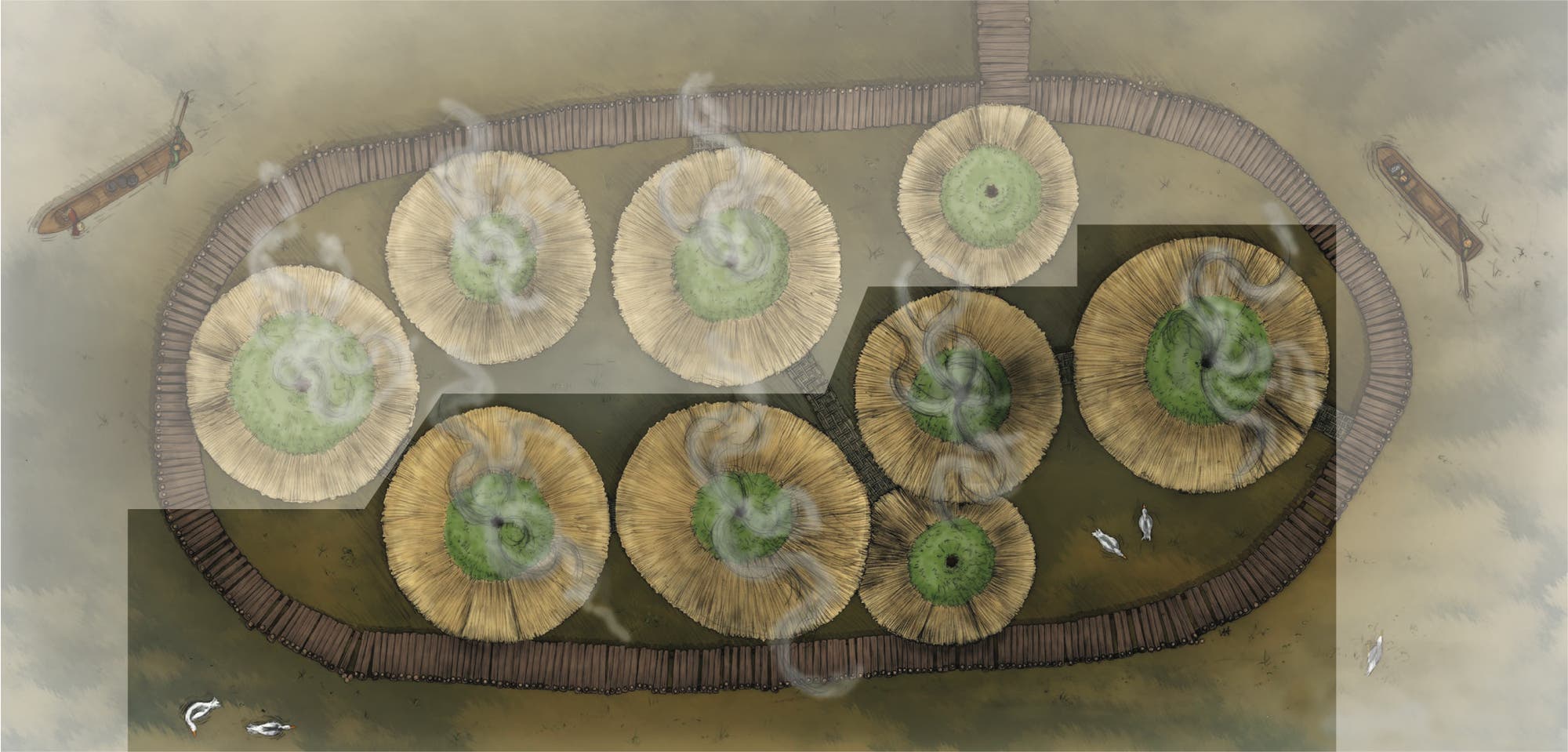 Eine Illustration eines prähistorischen Dorfes mit mehreren runden Strohhütten, die Rauch aus den Dächern abgeben. Die Hütten sind von einem hölzernen Palisadenzaun umgeben. Zwei Boote befinden sich außerhalb des Zauns, eines links und eines rechts. Innerhalb des Zauns sind zwei Figuren zu sehen, die sich bewegen. Die Szene vermittelt ein Bild des täglichen Lebens in einem alten Dorf.