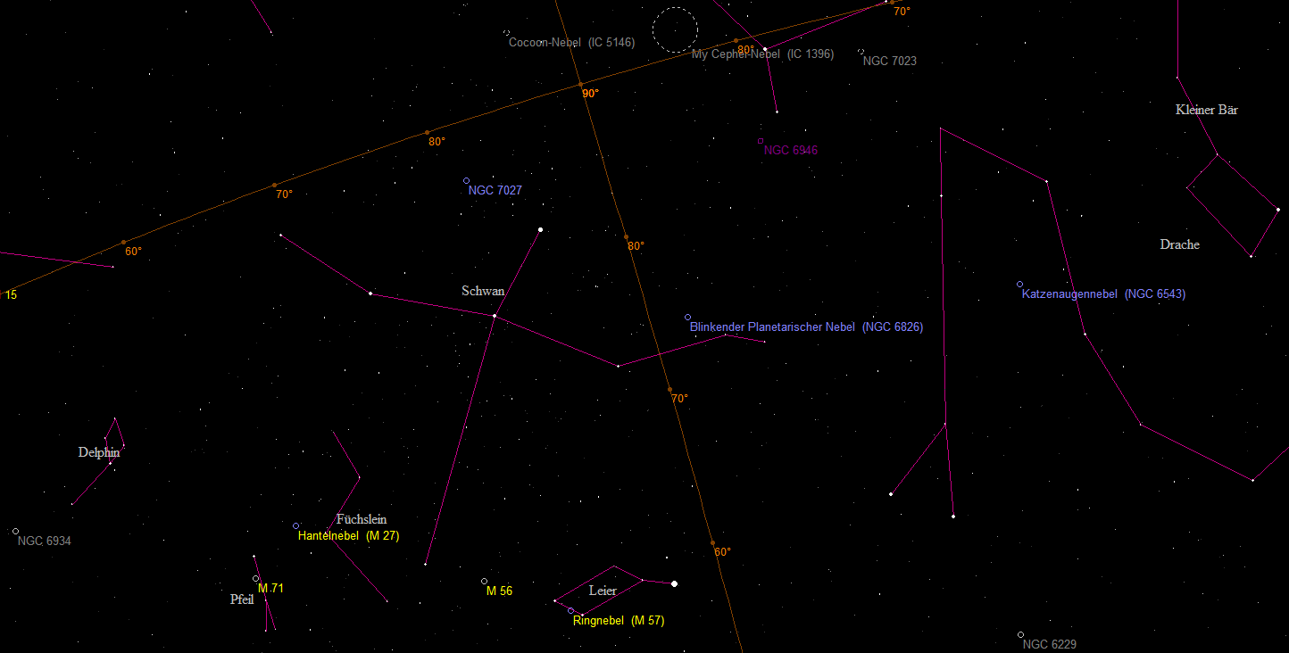 Aufsuchkarte für die Planetarischen Nebel NGC 6826 und NGC 6543