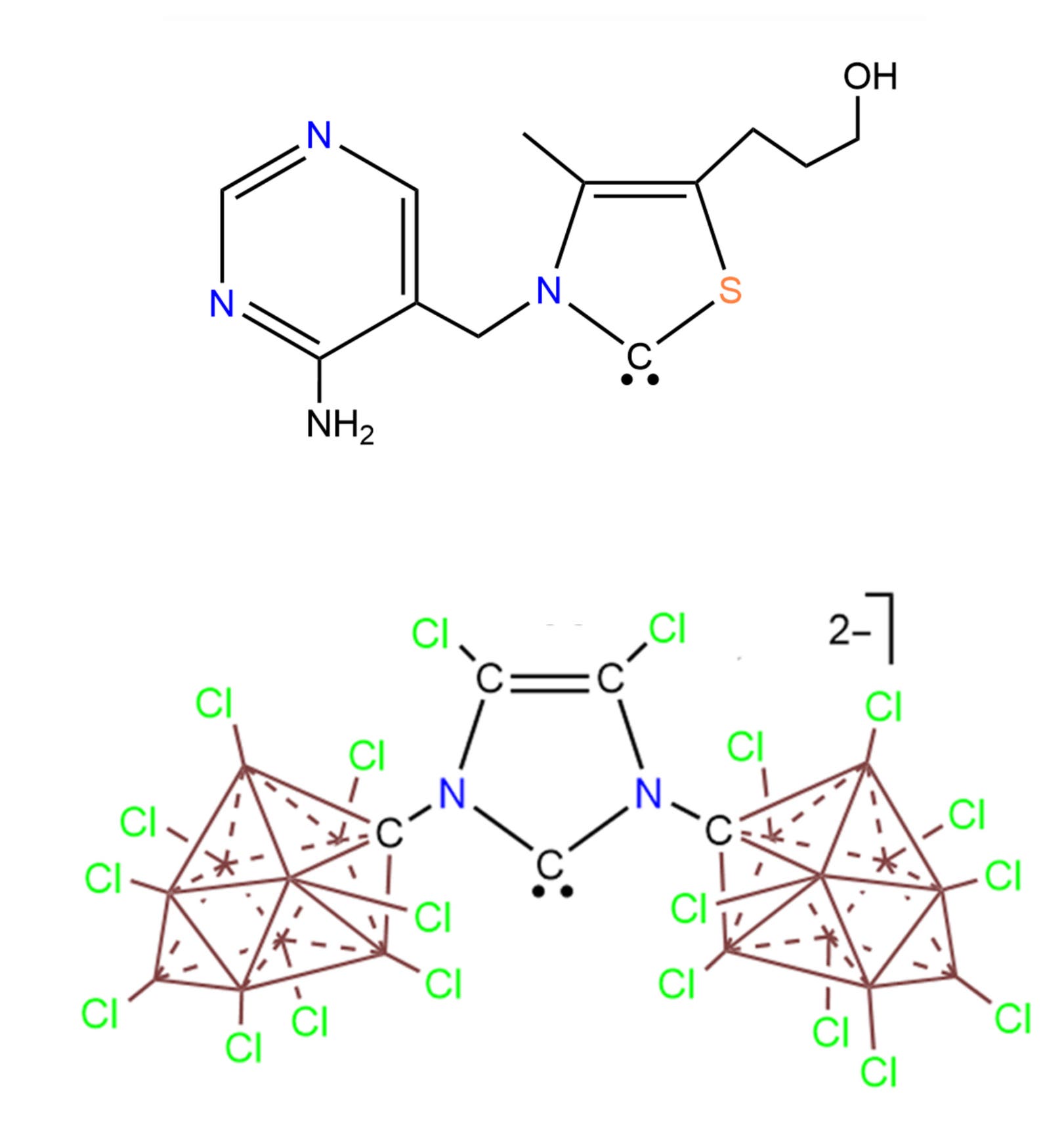 Die Abbildung zeigt zwei chemische Strukturen. Oben ist eine organische Verbindung mit einem Pyrimidinring, der mit einem Thiazolring verbunden ist. Der Pyrimidinring enthält zwei Stickstoffatome und eine Aminogruppe, während der Thiazolring ein Schwefelatom und eine Hydroxyethylgruppe aufweist. Unten ist eine komplexe Struktur mit zwei chlorbeschichteten Käfigen, die durch eine zentrale stickstoffhaltige Ringstruktur verbunden sind. Diese Struktur enthält zahlreiche Chloratome, die an die Käfige gebunden sind, und zeigt eine negative Ladung von 2–.