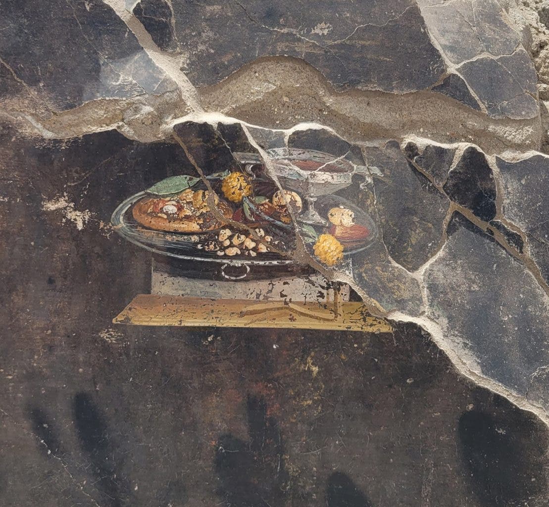 Wandbild mit Stillleben in Pompeji.