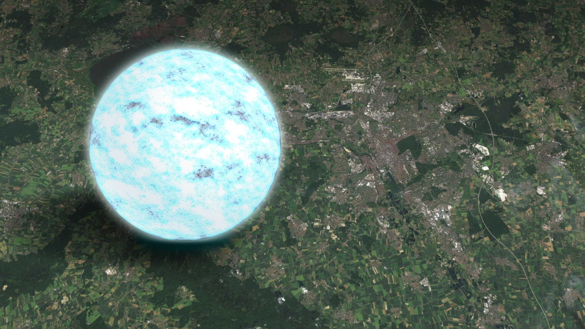 Illustration eines Neutronensterns im Größenvergleich mit einem Satellitenbild von Hannover