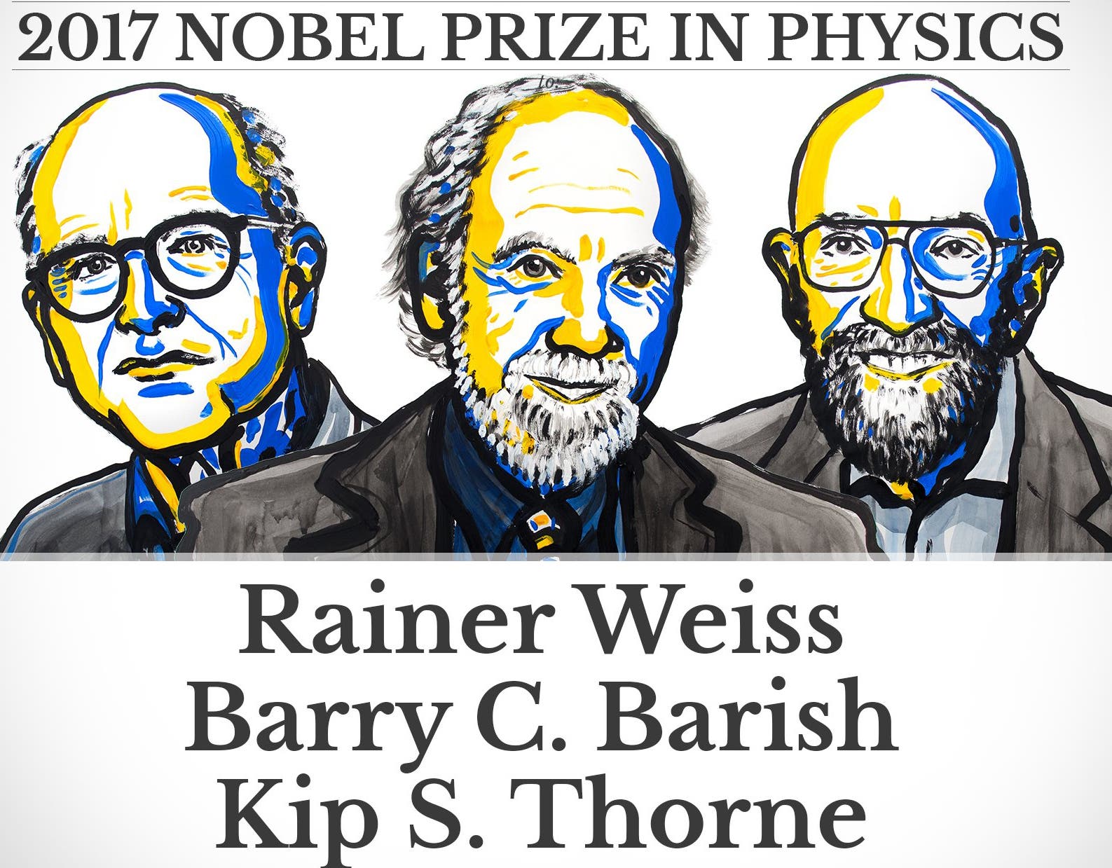 Preisträger des Nobelpreises für Physik: Rainer Weiss, Barry C. Barish und Kip Thorne.