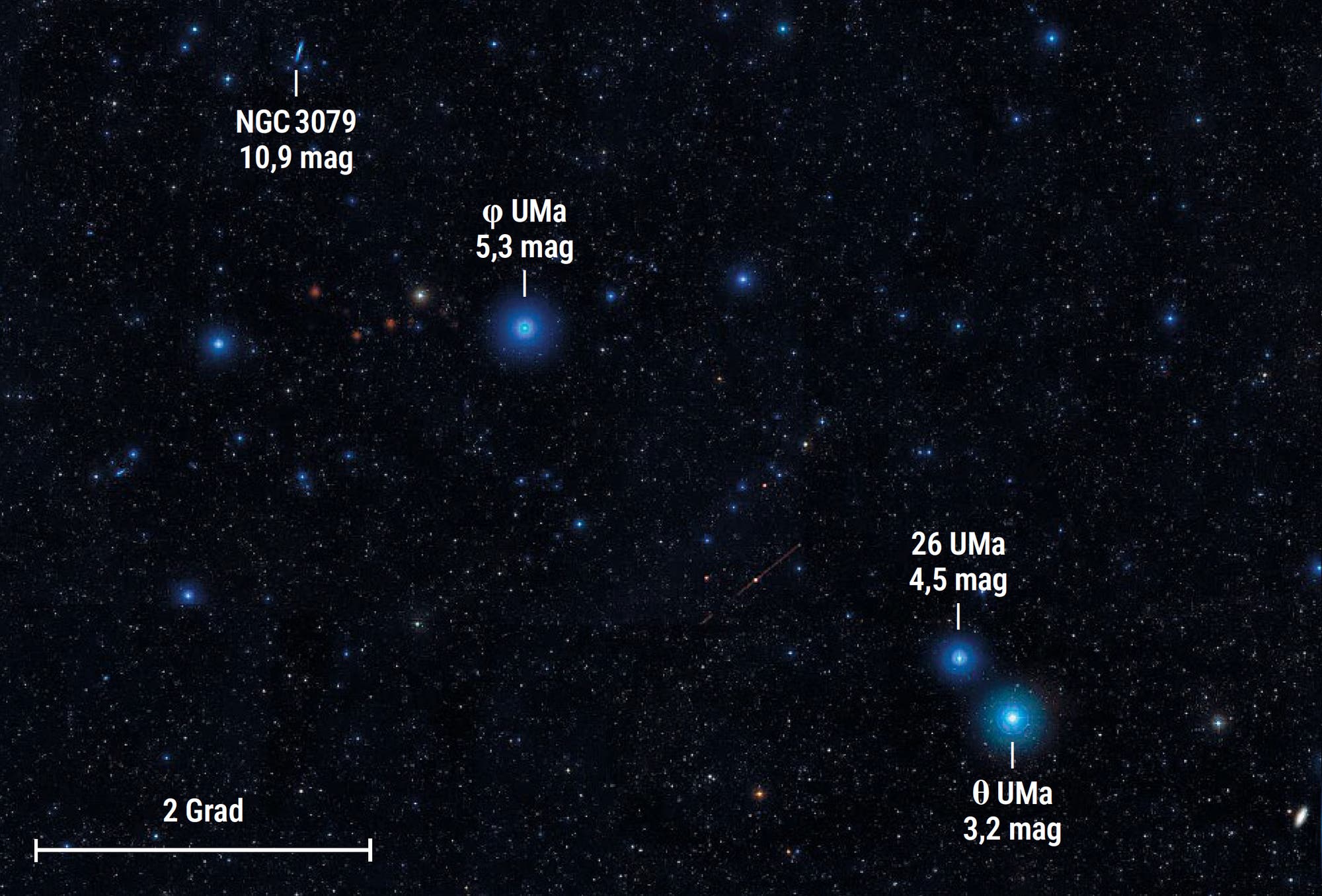 Karte der Himmelsregion um die Galaxie NGC 3079, auf der die Positionen einiger heller Sterne markiert sind.