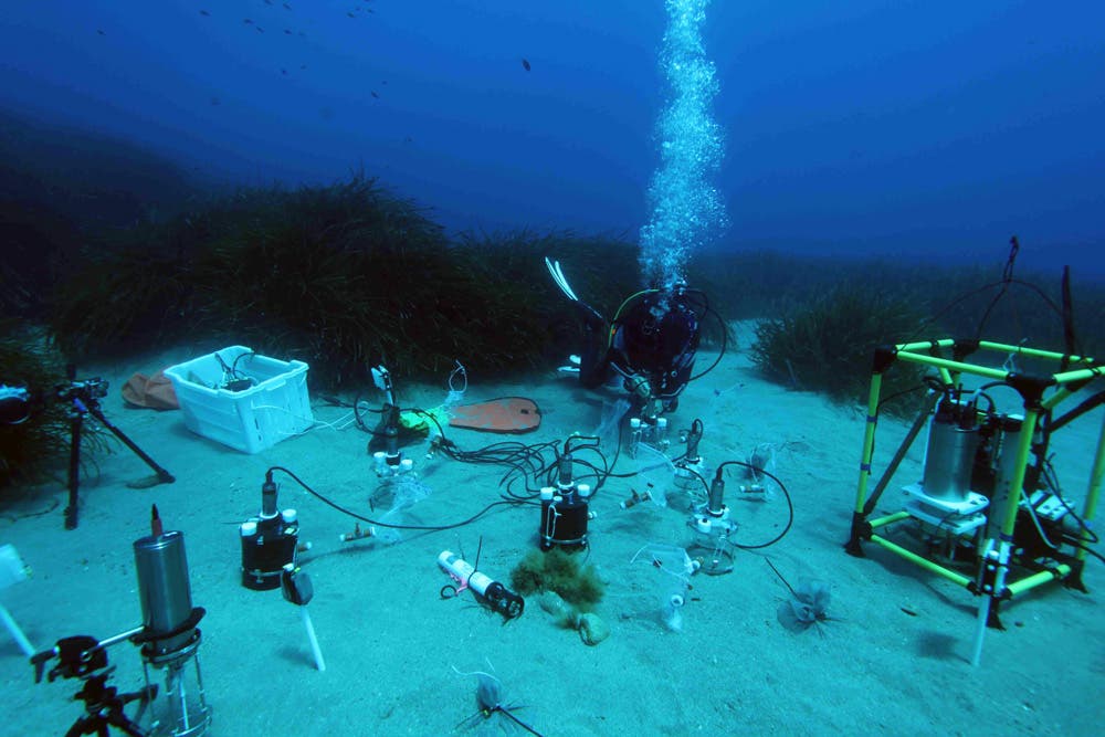 Taucher und Geräte bei einer Untersuchung sandigen Meeresbodens im Mittelmeer.