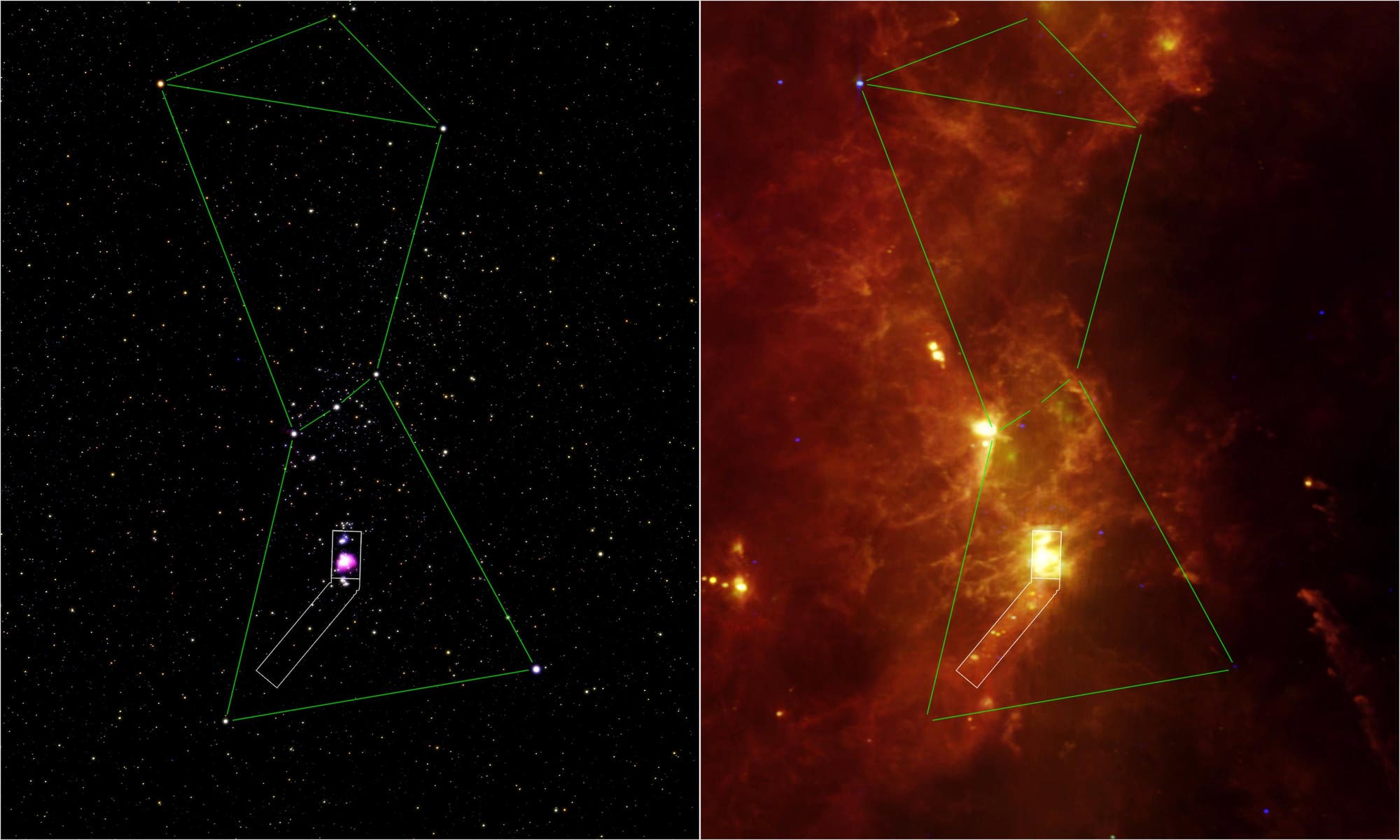 Gegenüberstellung der Orion-Region (optisch, Infrarot)