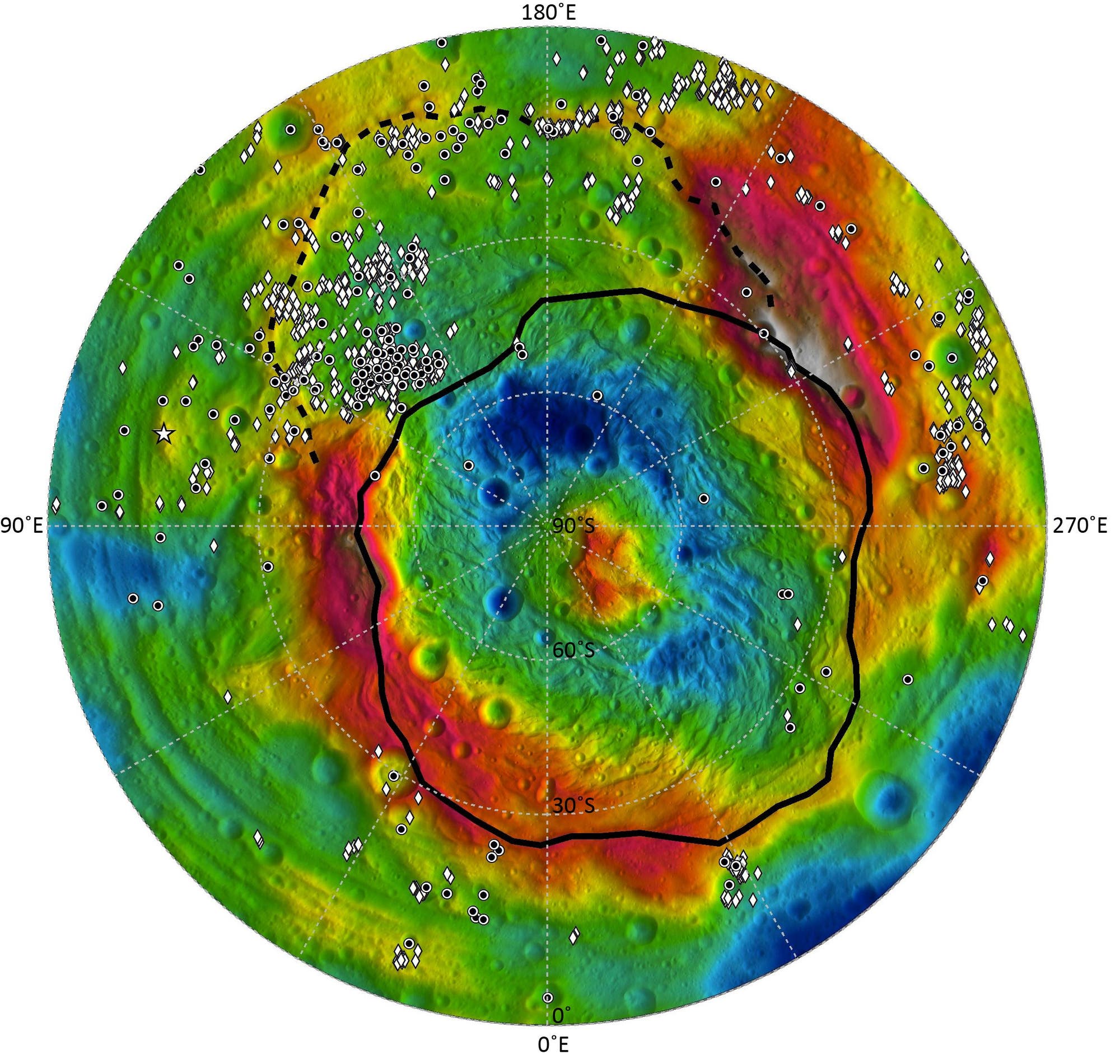 Übersichtskarte der Südhalbkugel des Asteroiden Vesta