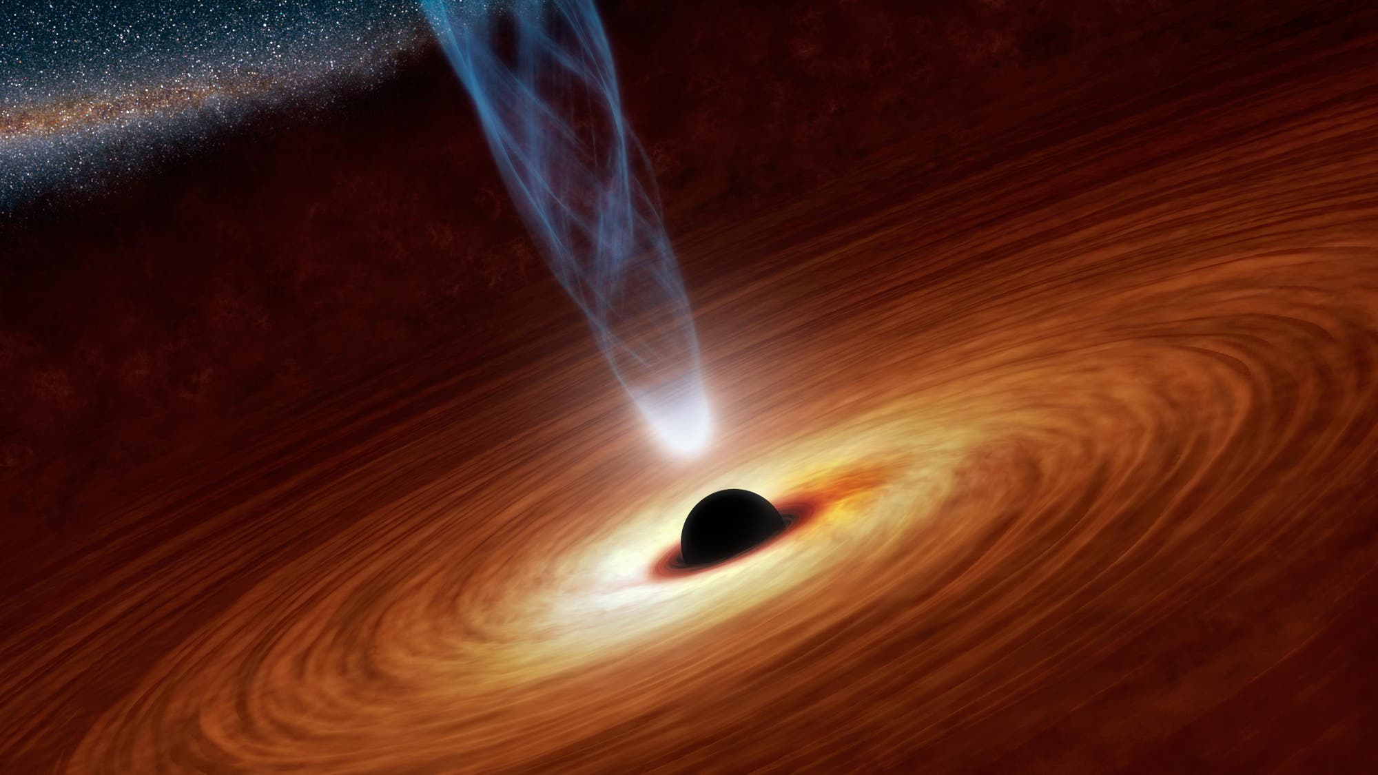 Ein Quasar – hier künstlerisch dargestellt – entsteht, wenn ein supermassereiches Schwarzes Loch mit seiner gewaltigen Schwerkraft allmählich die rotierende Scheibe aus Gas und Staub aufzehrt, von der es umgeben ist.