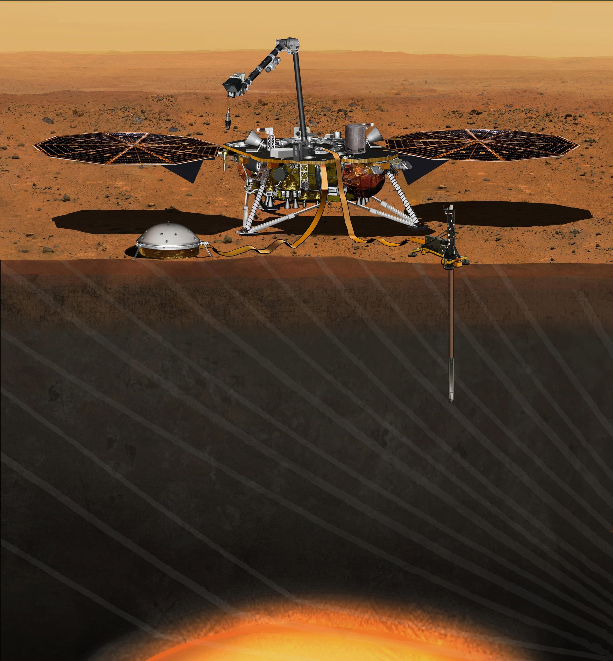 Eine künstlerische Darstellung der NASA InSight-Landesonde auf der Marsoberfläche. Die Sonde ist mit Solarpaneelen und einem mechanischen Arm ausgestattet. Ein Seismometer ist neben der Sonde platziert, während ein Bohrgerät in den Marsboden eindringt, um geologische Daten zu sammeln. Die Szene zeigt den rötlichen Marsboden und einen orangefarbenen Kern, der die Untersuchung des Marsinneren symbolisiert.