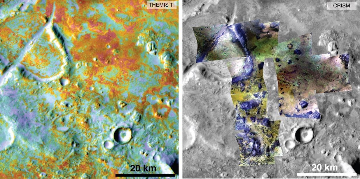 Kalksteine im Bereich der Marsregion Nili Fossae (Falschfarbenaufnahme)