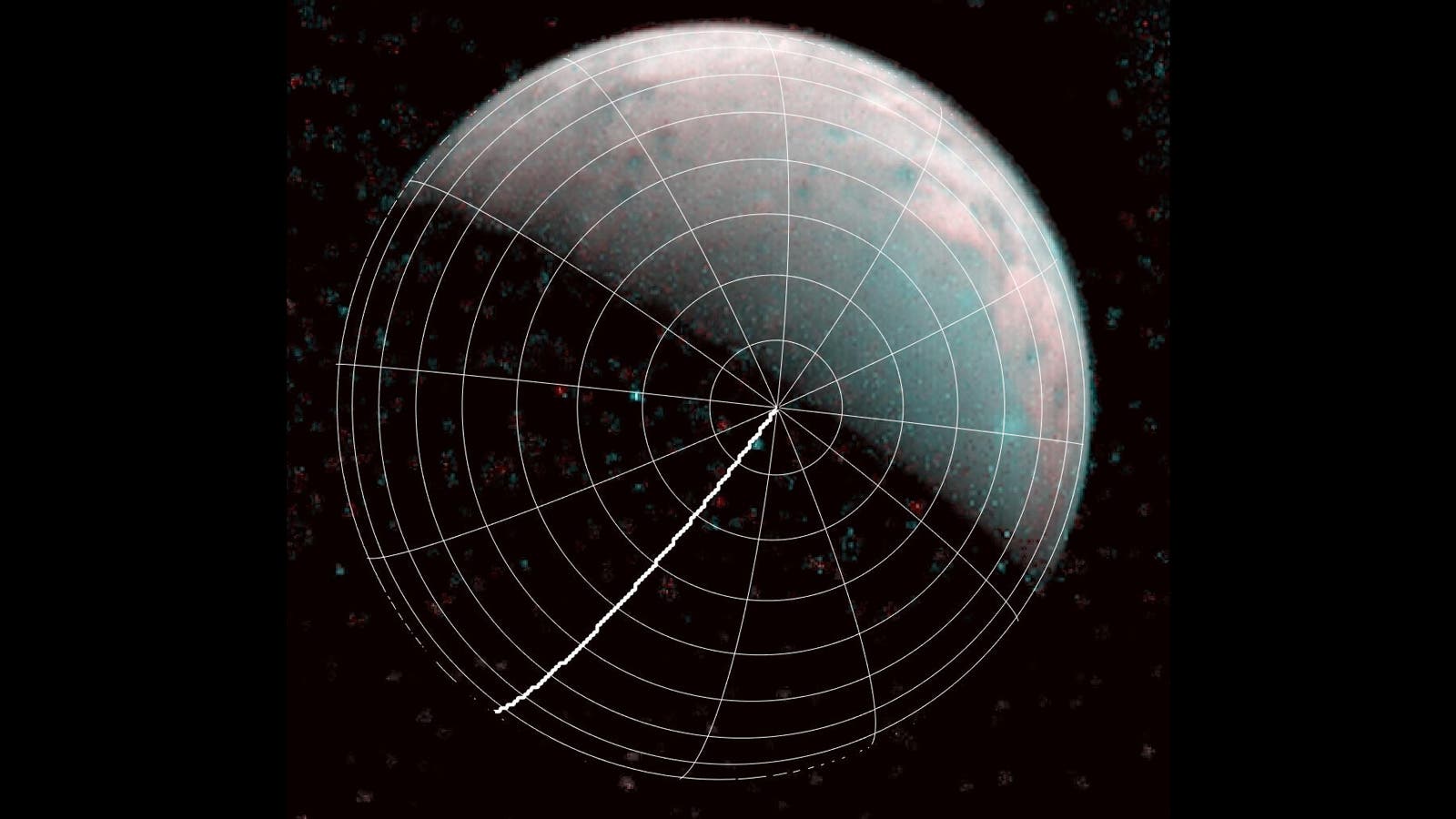 Der Nordpol von Ganymed ist in der Mitte des Bildes zu sehen. Aufgenommen hat ihn das Infrarot-Imager JIRAM an Bord der Nasa-Raumsonde Juno am 26. Dezember 2019.