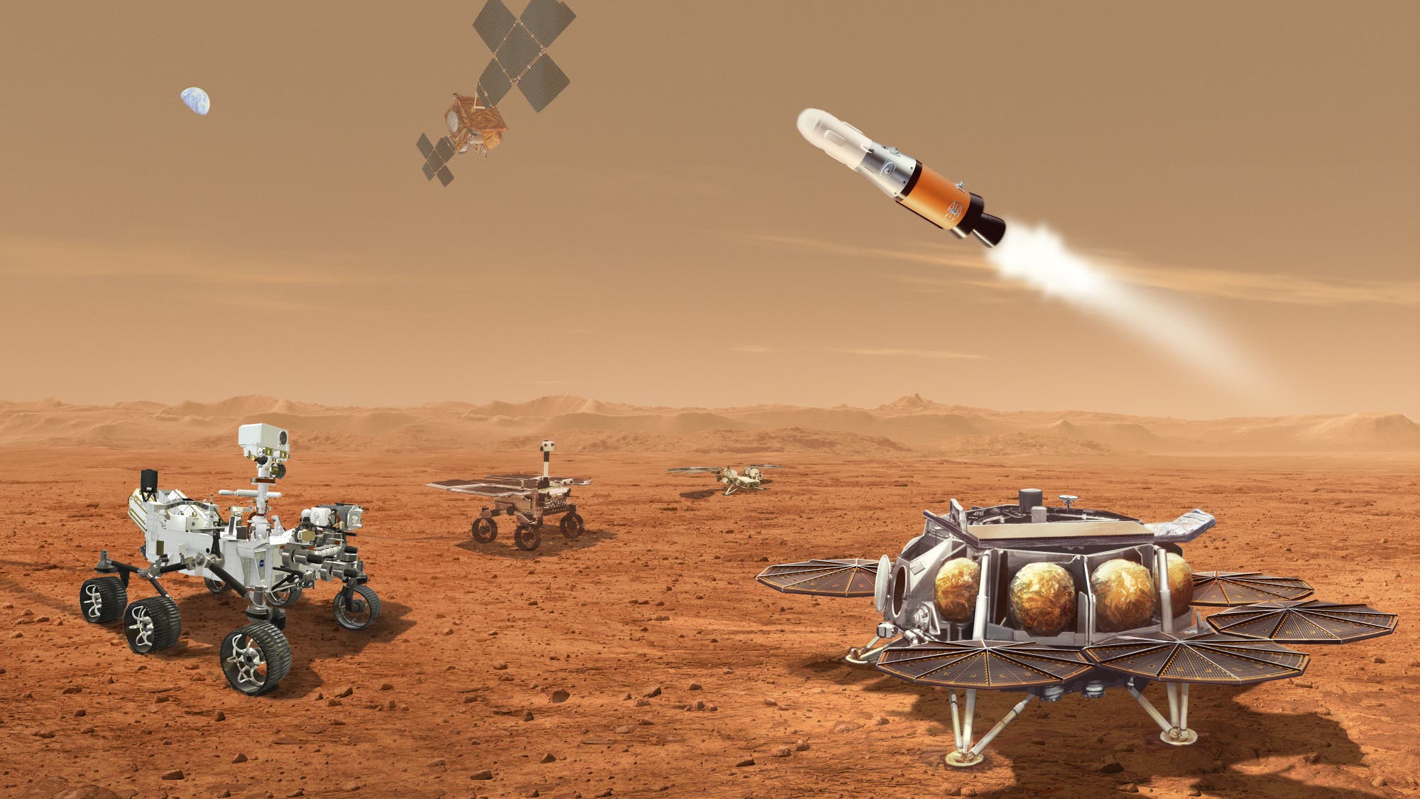 Noch ist es nur eine künstlerische Darstellung. Doch im Rahmen des Mars-Sample-Return-Programms sollen die von Perseverance gesammelten Bodenproben des Roten Planeten zurück zur Erde gebracht werden: Zunächst würde ein weiterer Rover sie aufsammeln. Ein Mars Ascent Vehicle würde sie dann gen Marsumlaufbahn befördern. Und dort würde bereits ein Raumschiff warten, das die kostbare Fracht zurück zur Erde bringt. 
