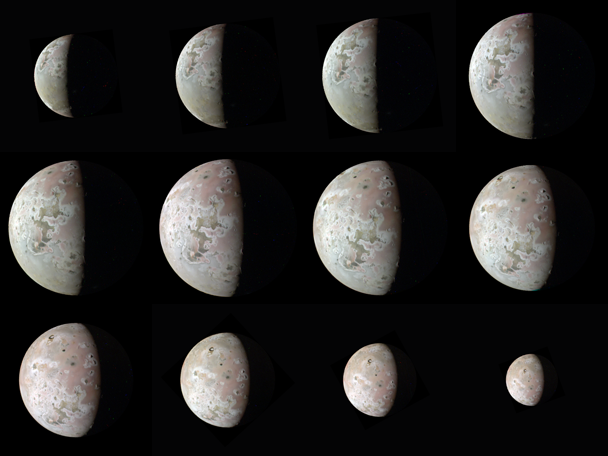 Zwölf Ansichten des Jupitermonds Io, aufgenommen von der Raumsonde Juno