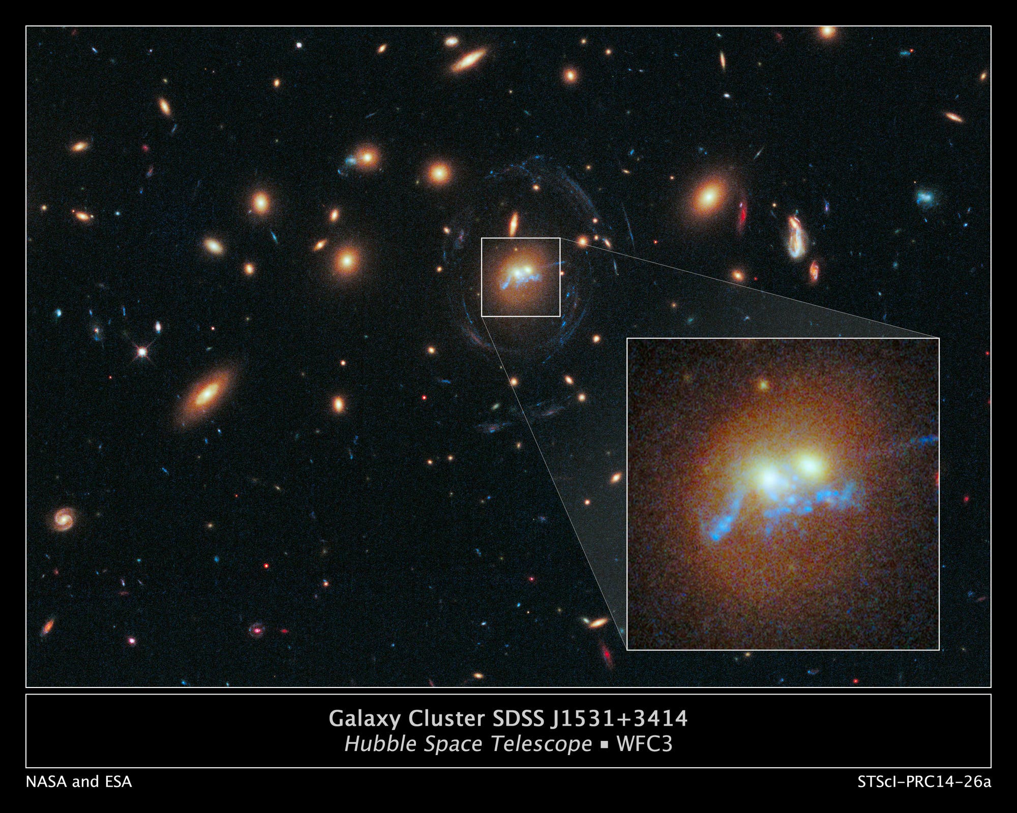 Zwei verschmelzende Galaxien im Galaxienhaufen SDSS J1531+3414 im Sternbild Nördliche Krone. Aufnahme des Weltraumteleskops Hubble.