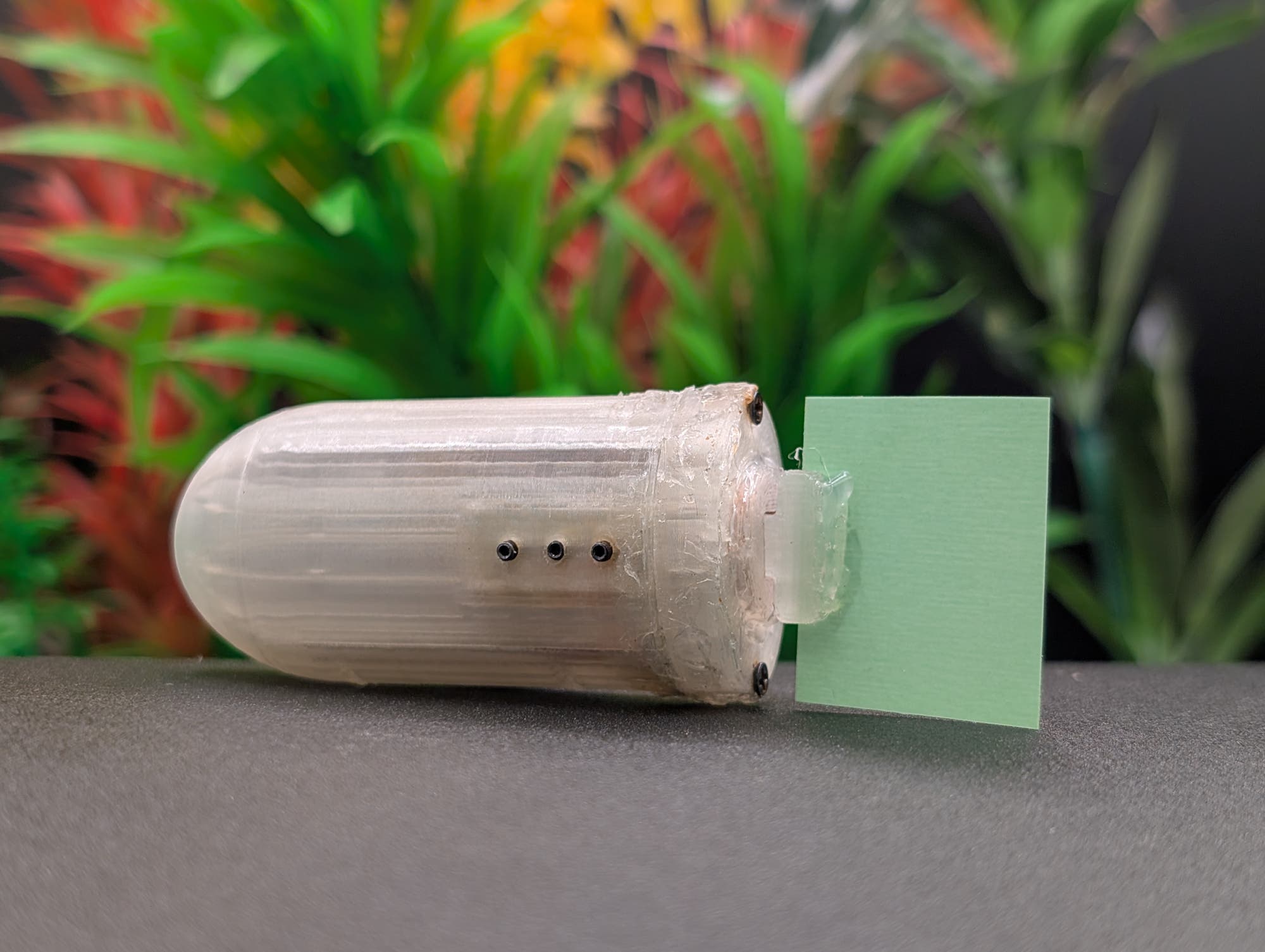 Ein zylindrisches, transparentes Gerät mit mehreren kleinen Öffnungen an der Seite liegt auf einer dunklen Oberfläche. Am Ende des Geräts ist ein kleines, rechteckiges, grünes Stück Material befestigt. Im Hintergrund sind unscharfe, bunte Pflanzen zu sehen, die eine natürliche Umgebung andeuten.