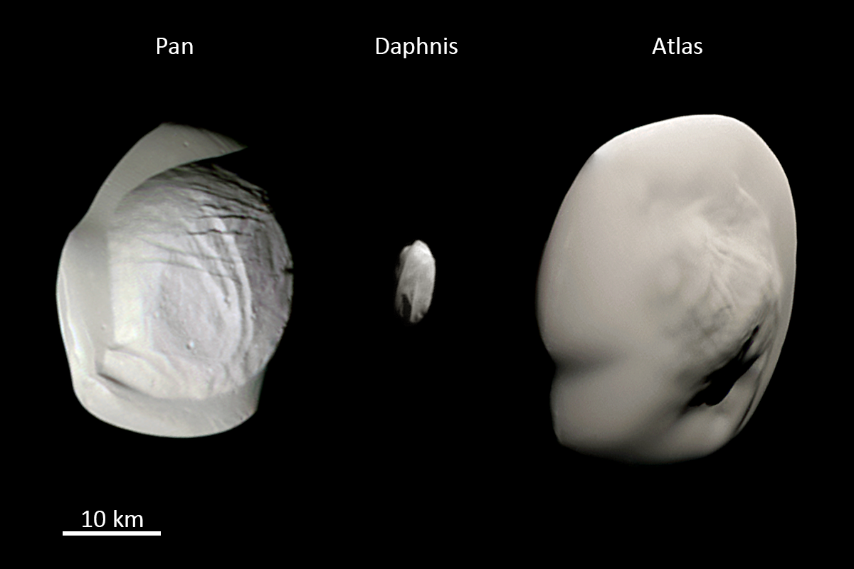 Drei Ringmonde von Saturn im Vergleich (Montage)