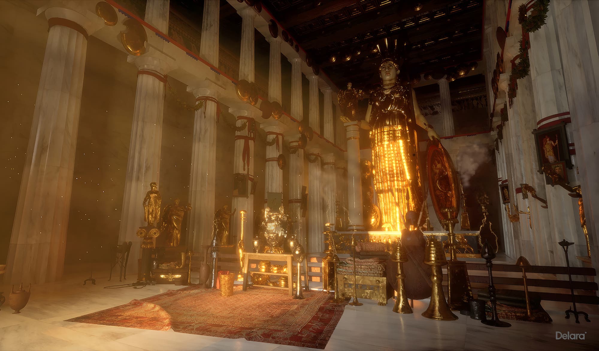 Eine Illustration eines antiken Tempelinneren mit einer großen, goldenen Statue im Zentrum. Die Statue steht aufrecht und ist von Säulen umgeben, die den Raum strukturieren. Der Boden ist mit einem roten Teppich bedeckt, und es sind verschiedene dekorative Elemente und Statuen im Raum verteilt. Die Beleuchtung erzeugt einen warmen, goldenen Schein, der die majestätische Atmosphäre des Tempels unterstreicht.