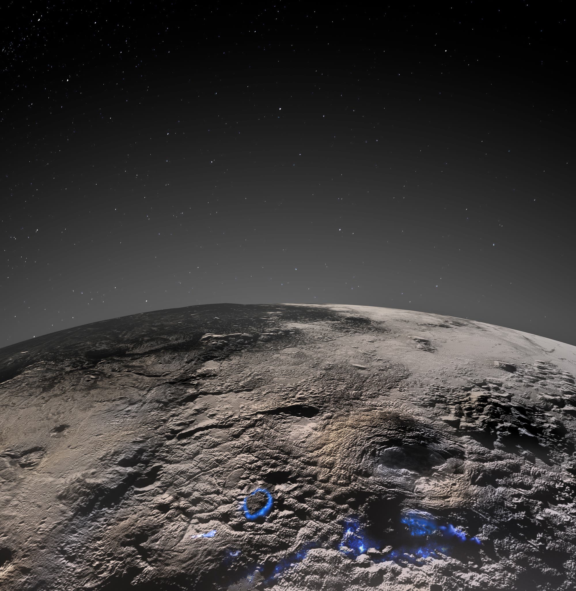 Das ist die Region auf Pluto, die von Kryovulkanismus geprägt worden sein könnte. Die Oberfläche und die dünne Atmosphäre des Pluto sind hier in Graustufen gezeigt. Die Regionen vergangener kryovulkanischer Aktivität sind hier – in einer Illustration – blau eingezeichnet. 
