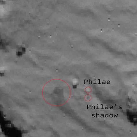 Philae vor dem Kometenkern am 12. November 2014