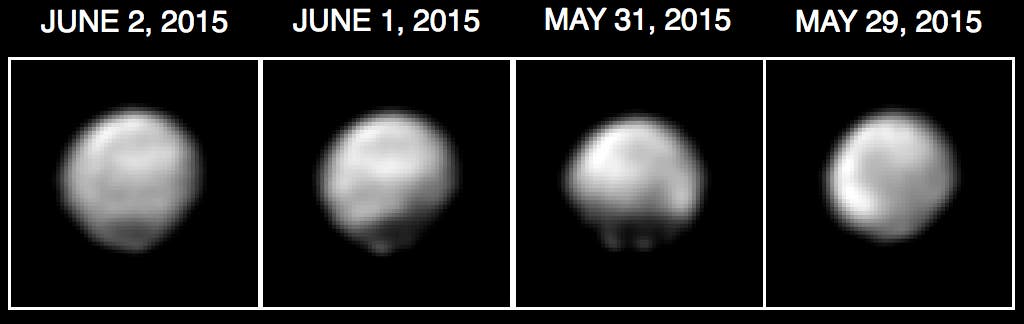 <p>Derzeit sind es nur wenige Pixel, die Pluto und Charon auf den Bildern der Raumsonde New Horizons einnehmen. Daher nutzen die Bildauswerter der NASA besondere rechnerische Verfahren, eine Dekonvolution, um noch mehr Details aus den Aufnahmen der Telekamera LORRI, dem Long Range Reconnaissance Imager, herauszuholen. Allerdings sind diese Ergebnisse nicht ganz eindeutig, so dass man kleinen Details der bearbeiteten Bilder keine zu große Bedeutung beimessen darf.</p>  <p>Die jezt veröffentlichten Bilder wurden zwischen dem 29. Mai und dem 2. Juni 2015 aus Abständen zwischen 55 und 50 Millionen Kilometern aufgenommen – dies entspricht etwa einem Drittel der Distanz Erde – Sonne. Auf der gesamten Oberfläche lassen sich helle und dunkle Regionen erkennen, insbesondere auf der Nordhalbkugel gibt es ein großes dunkles Gebiet. Durch die Bildverarbeitung erscheint Pluto scheinbar als ein unregelmäßig geformter Körper wie ein Asteroid. Dies ist jedoch ein Artefakt, der Zwergplanet ist in Wirklichkeit eine wohlgeformte Kugel. Die Bilder von New Horizons wurden auch zu einem Videoclip verarbeitet, auf dem die Rotation des Zwergplaneten und der umlaufende Mond Charon zu sehen ist. Auch bei Charon deuten sich nun erste Oberflächendetails an.</p>  <p>Pluto ist stark gegen seine Umlaufbahn geneigt, so dass derzeit der Südpol in Richtung Sonne weist. Auf den hier zu sehenden Bildern wurde Pluto so ausgerichtet, dass der Südpol nach oben zeigt. Worauf die hellen und dunklen Regionen zurückzuführen sind, werden wir in rund einem Monat erfahren, wenn New Horizons am 14. Juli 2015 dicht am Zwergplaneten vorbeifliegt.