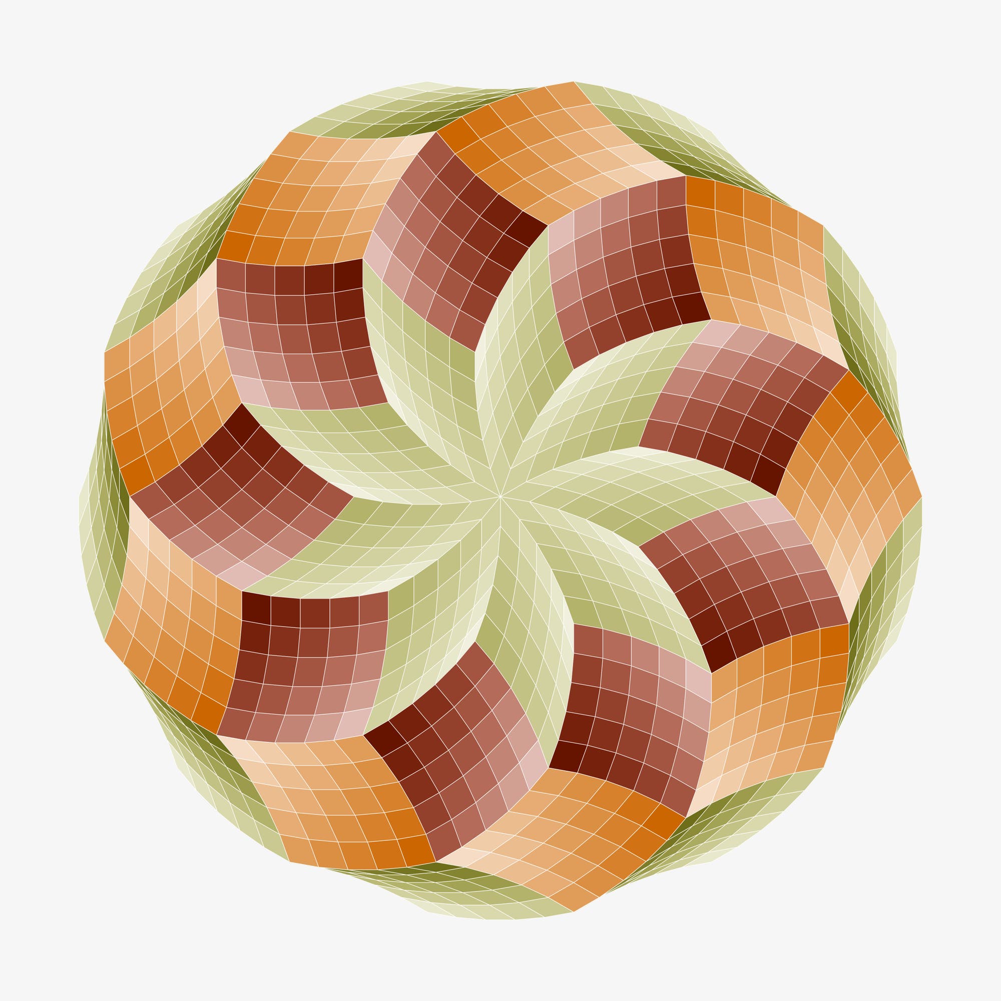 Ein geometrisches Kunstwerk mit einem kreisförmigen Muster, das aus ineinander verschlungenen, farbigen Quadraten besteht. Die Farben variieren in warmen Tönen wie Braun, Orange und Grün. Die Anordnung der Quadrate erzeugt einen dreidimensionalen Effekt, der an ein sich drehendes Rad erinnert. Das Design ist symmetrisch und zeigt eine komplexe, kaleidoskopartige Struktur.