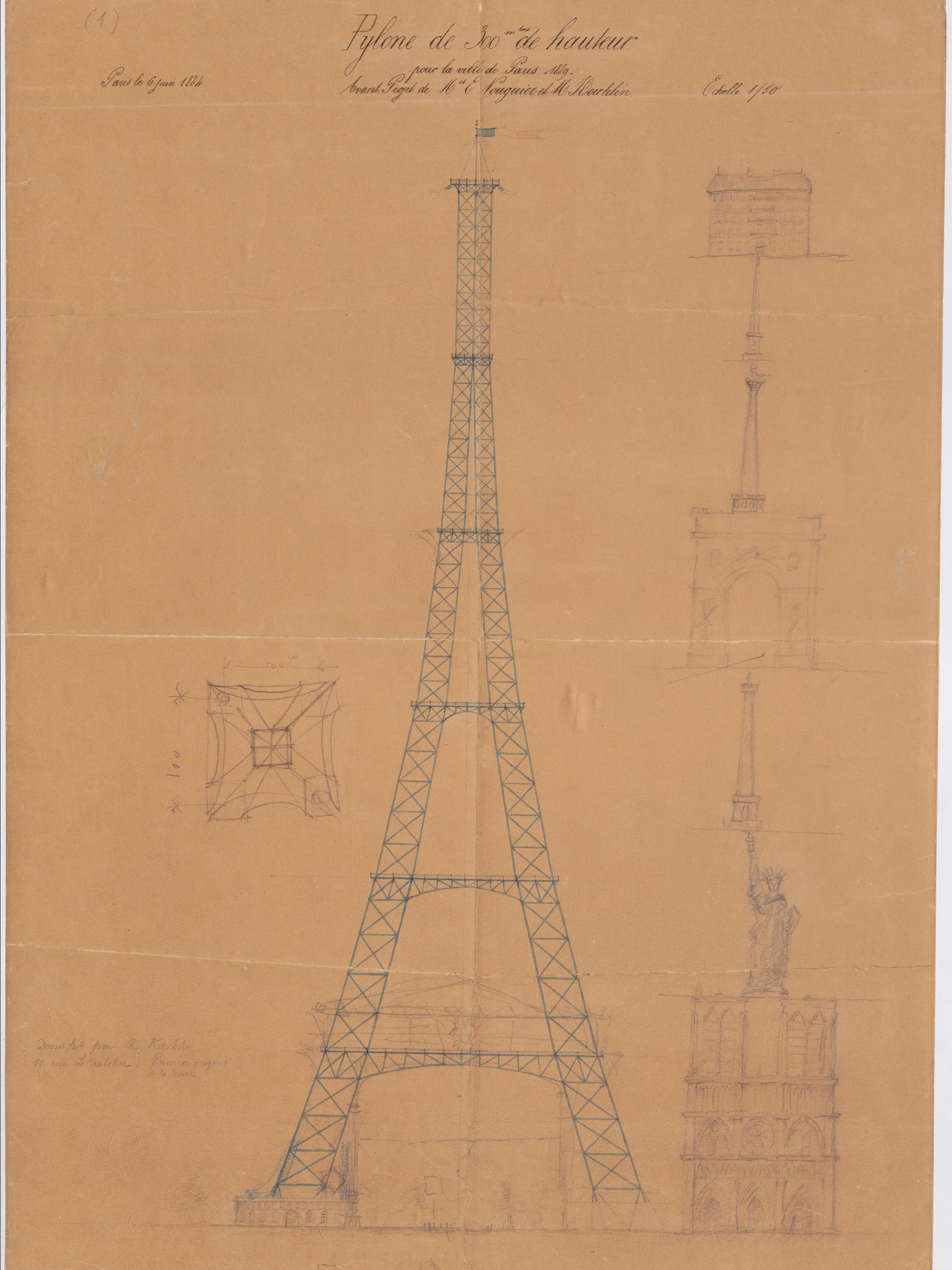 Entwurfzeichnung des Eiffelturms von Maurice Koechlin und Émile Nouguier.