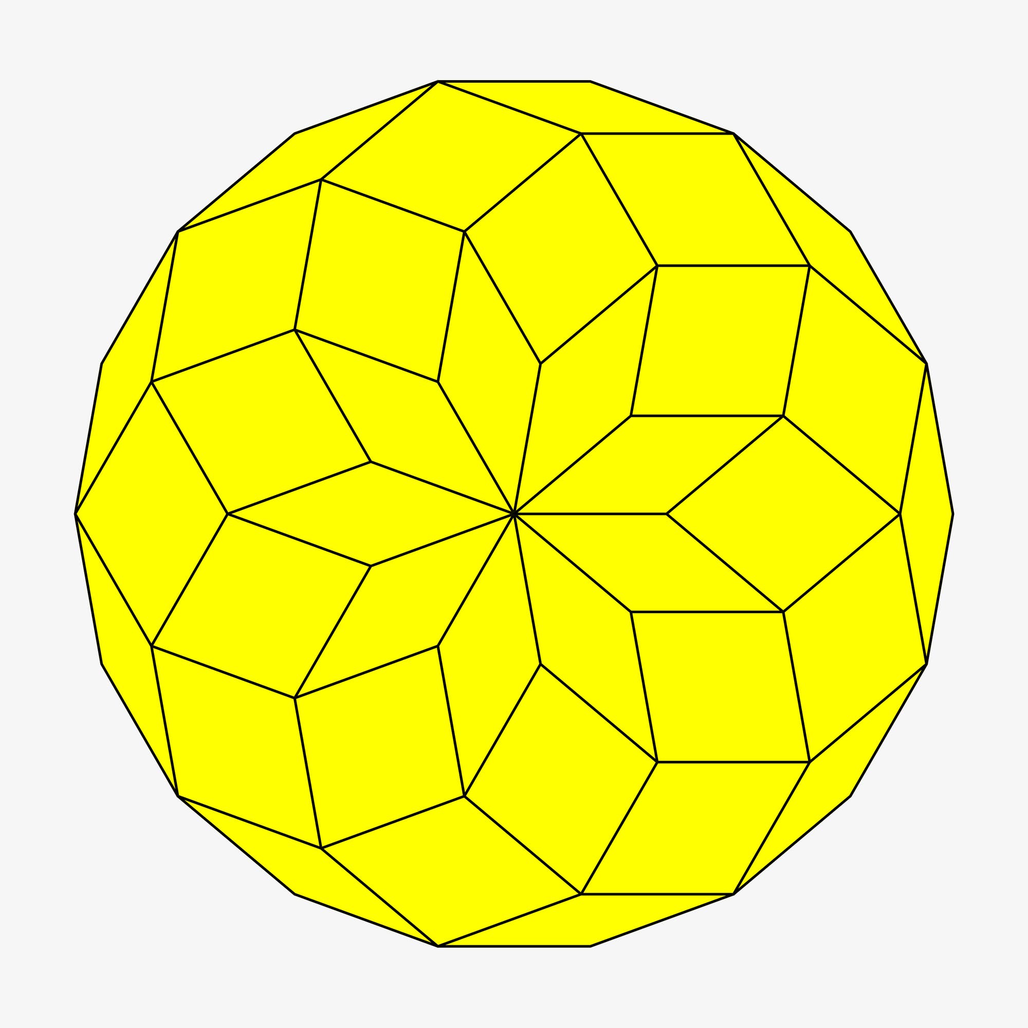 Eine gelbe geometrische Skizze zeigt ein komplexes Muster aus ineinandergreifenden, fünfeckigen und sechseckigen Formen, die eine kugelförmige Struktur bilden. Die Anordnung der Formen erzeugt ein symmetrisches, mosaikartiges Design, das an ein polyedrisches Modell erinnert. Die Linien sind schwarz und heben die einzelnen Flächen deutlich hervor.