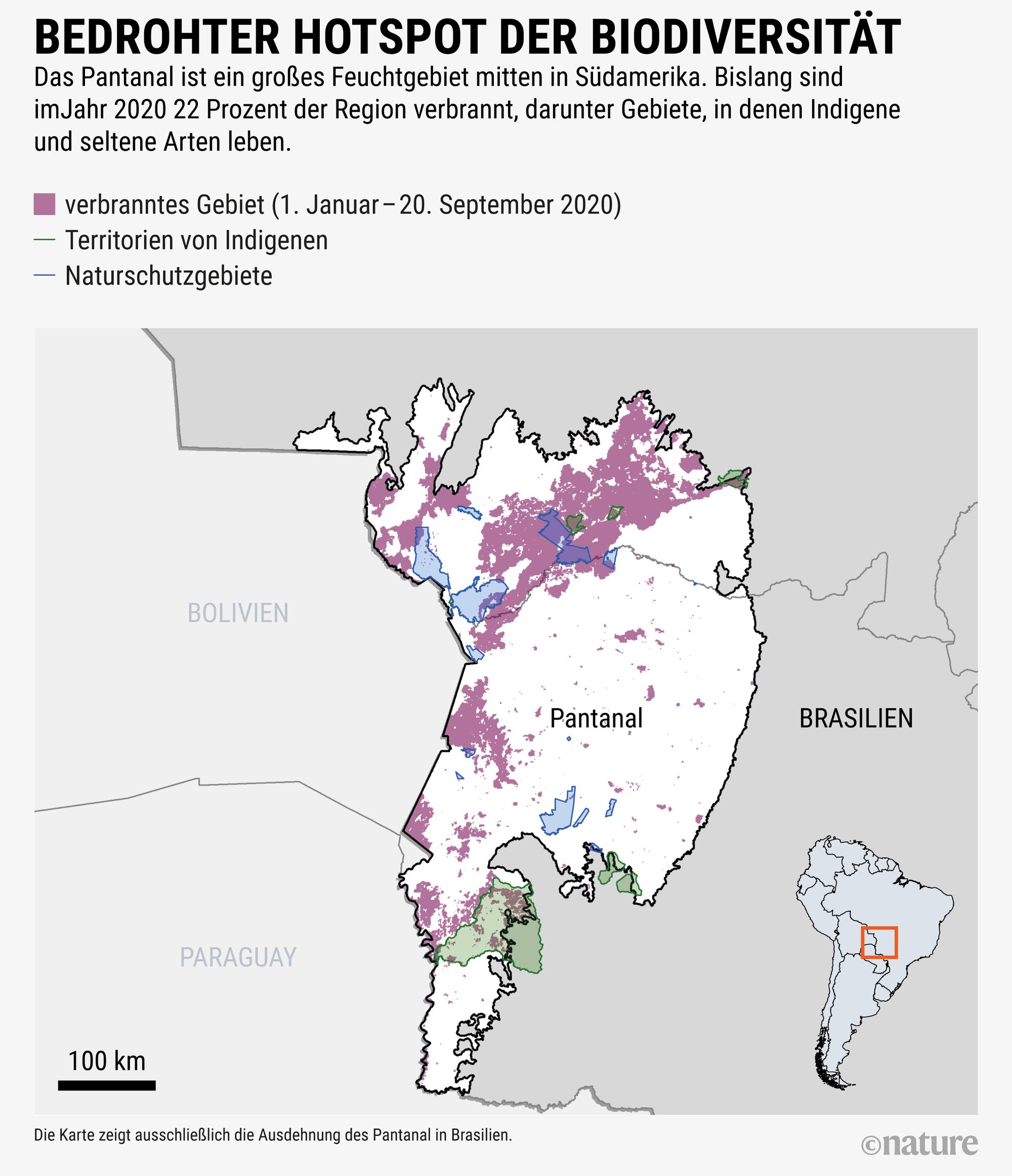 Die Karte zeigt, dass in Jahr 2020 bislang 22 Prozent des Feuchtgebiets Pantanal verbrannt sind.