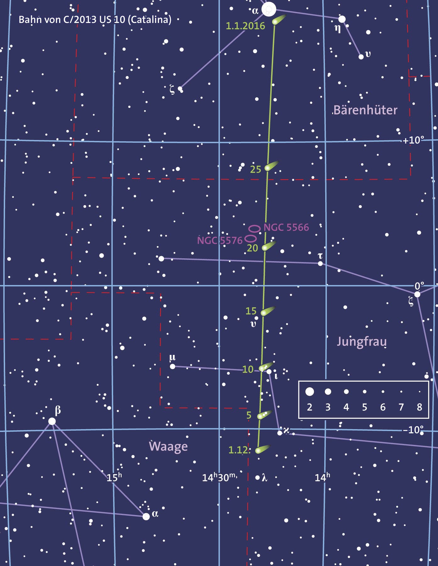 Die Bahn des Kometen C/2013 US10 Catalina im Dezember 2015 (Übersichtskarte)