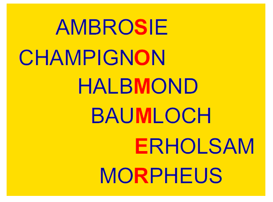 AMBROSIE, BAUMLOCH, CHAMPIGNON, ERHOLSAM, HALBMOND und MORPHEUS untereinander