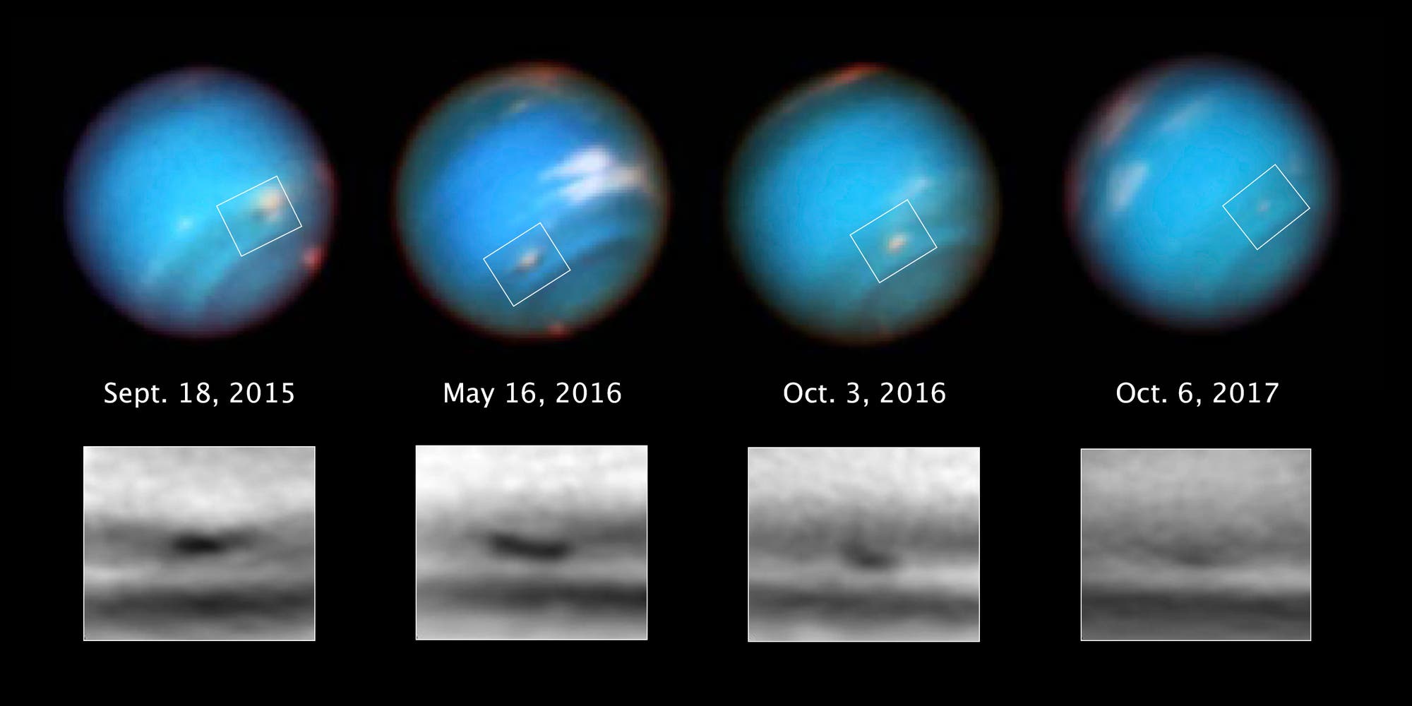 Entwicklung eines Wirbelsturms auf Neptun in den Jahren 2015 bis 2017 (Aufnahmen des Weltraumteleskops Hubble)