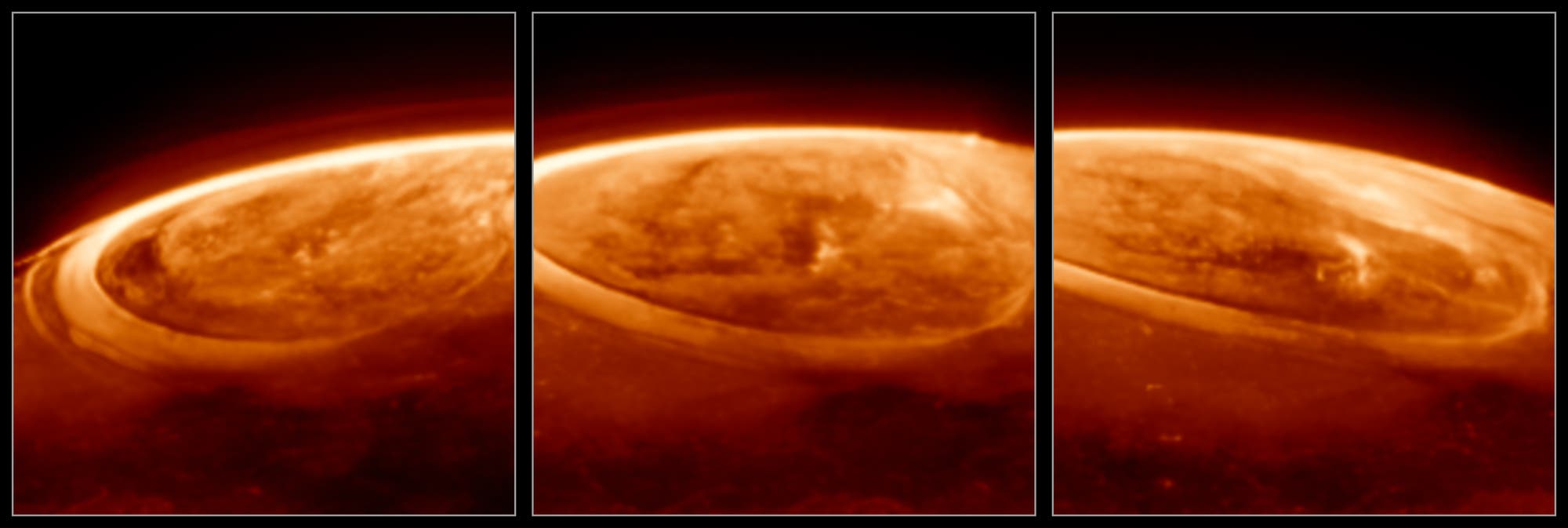 Drei nebeneinander angeordnete Infrarotbilder zeigen die Nordpolarlichter des Jupiter. Die Aufnahmen, in leuchtendem Orange und Rot, heben die dynamischen, leuchtenden Bögen und Wirbel der Aurora hervor. Die Bilder vermitteln die Intensität und Bewegung der Polarlichter auf dem Gasriesen.