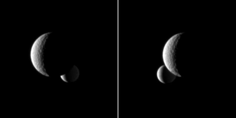 Tethys bedeckt Enceladus